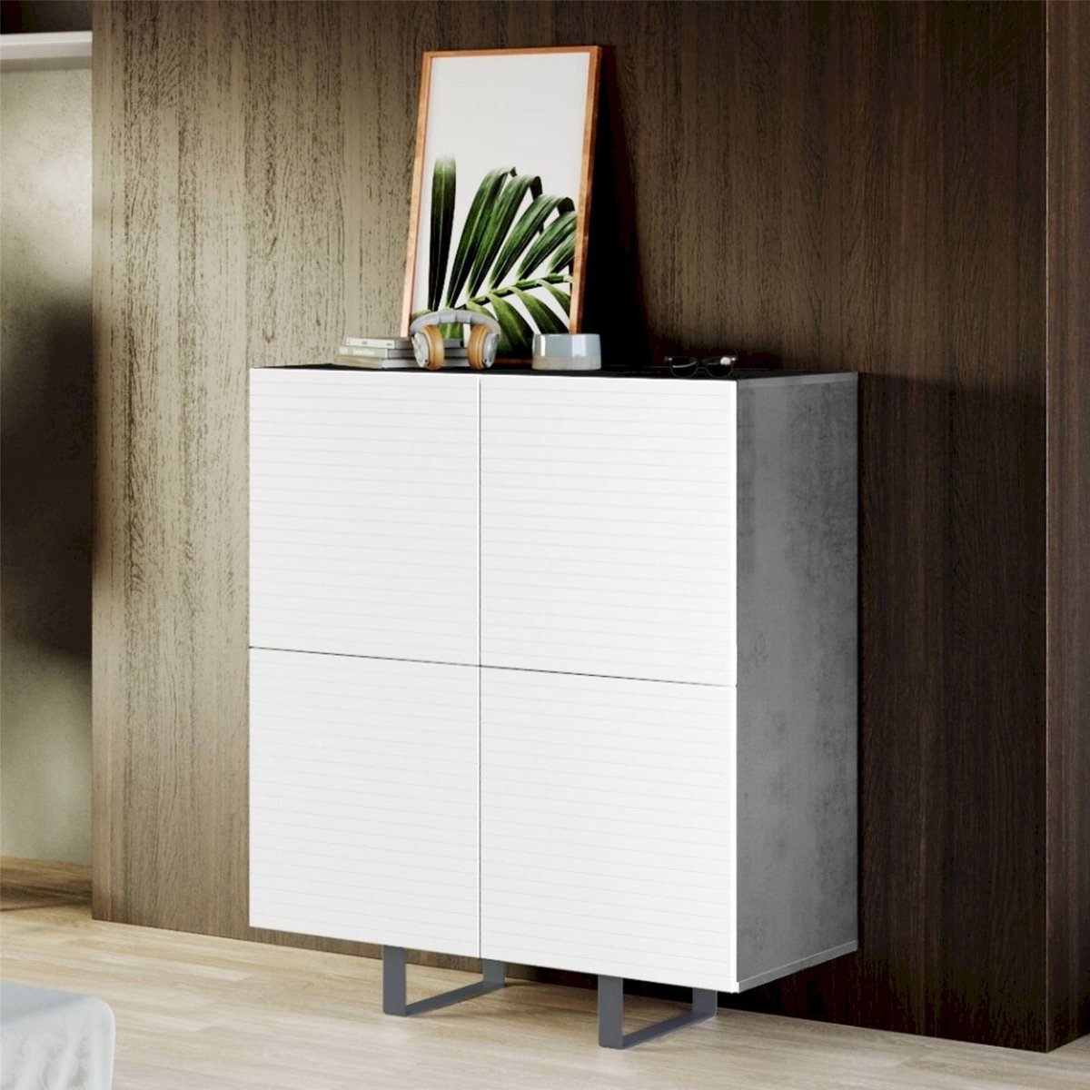 Buffet haut contemporain collection ANTOINETTIE blanc et effet béton, RECOLLECTION