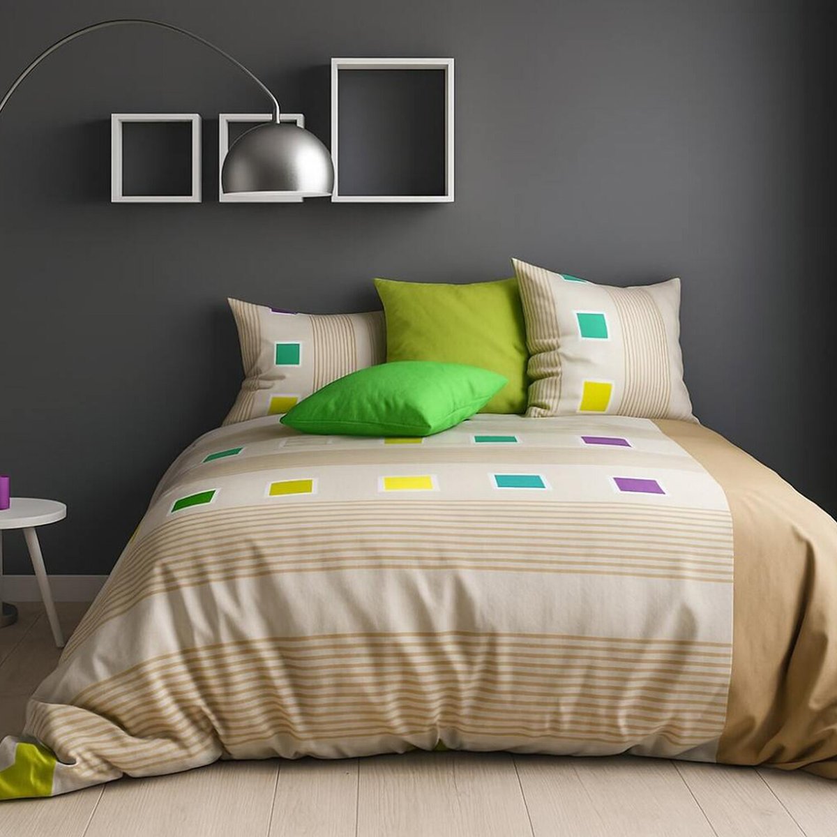 Parure housse de couette en coton imprimée, Squares beige, C DESIGN HOME TEXTILE