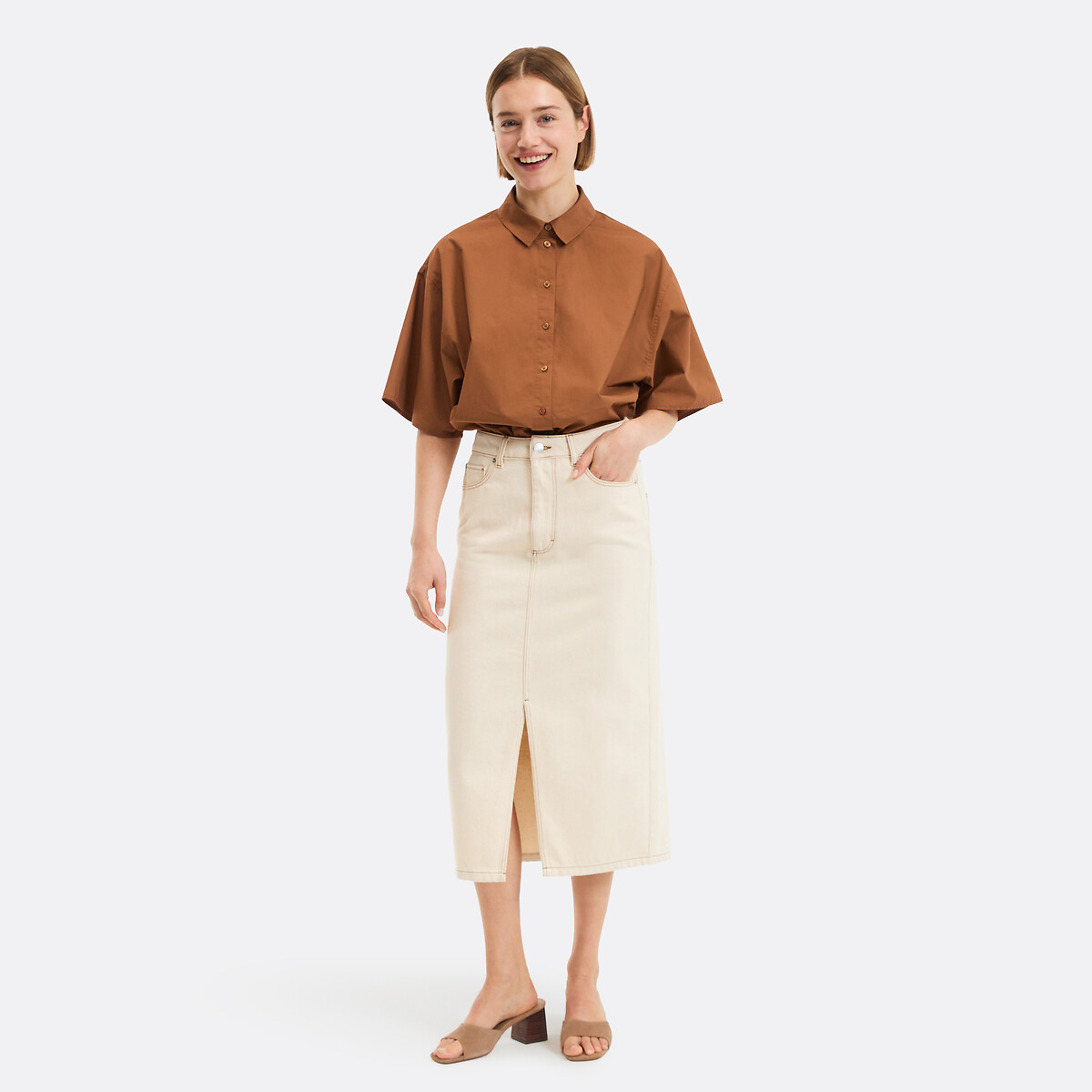 Short Sleeve Shirt with Front Button Fastening camel brown, LA REDOUTE COLLECTIONS