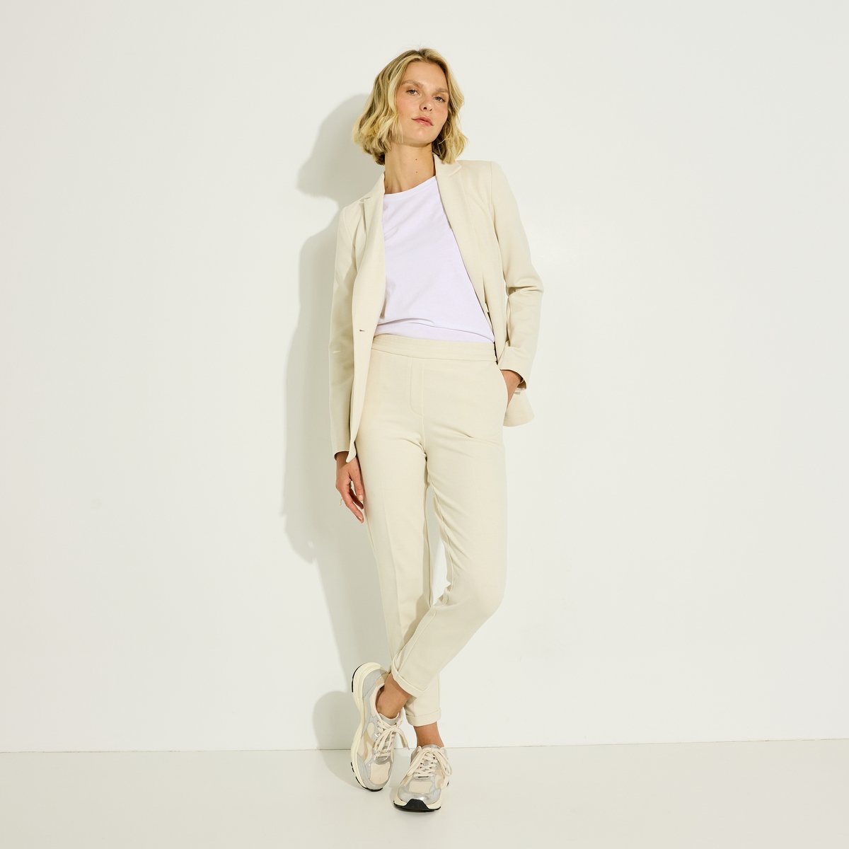 Pantalon ajusté en maille beige, GRAIN DE MALICE