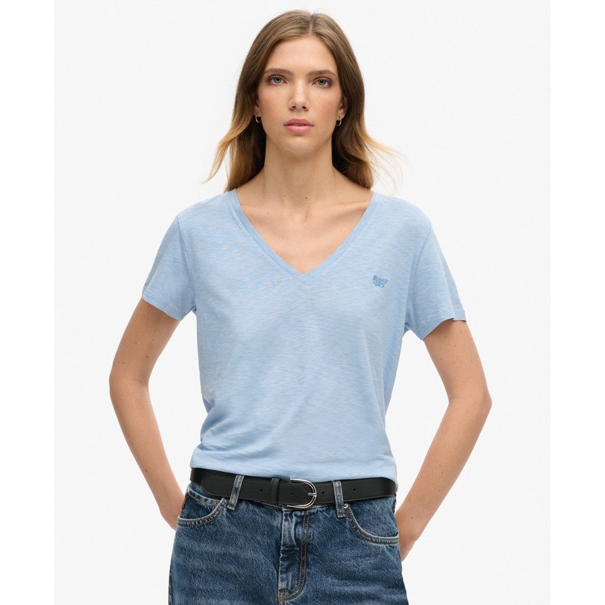 T-shirt uni col V bleu forever, SUPERDRY