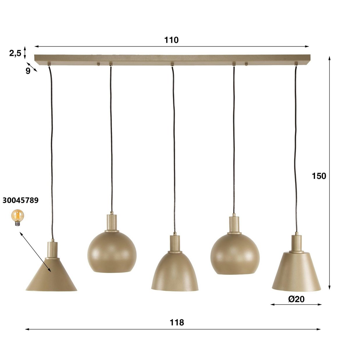 Suspension 5 abat-jour métal moderne TRIBECA beige, PIER IMPORT