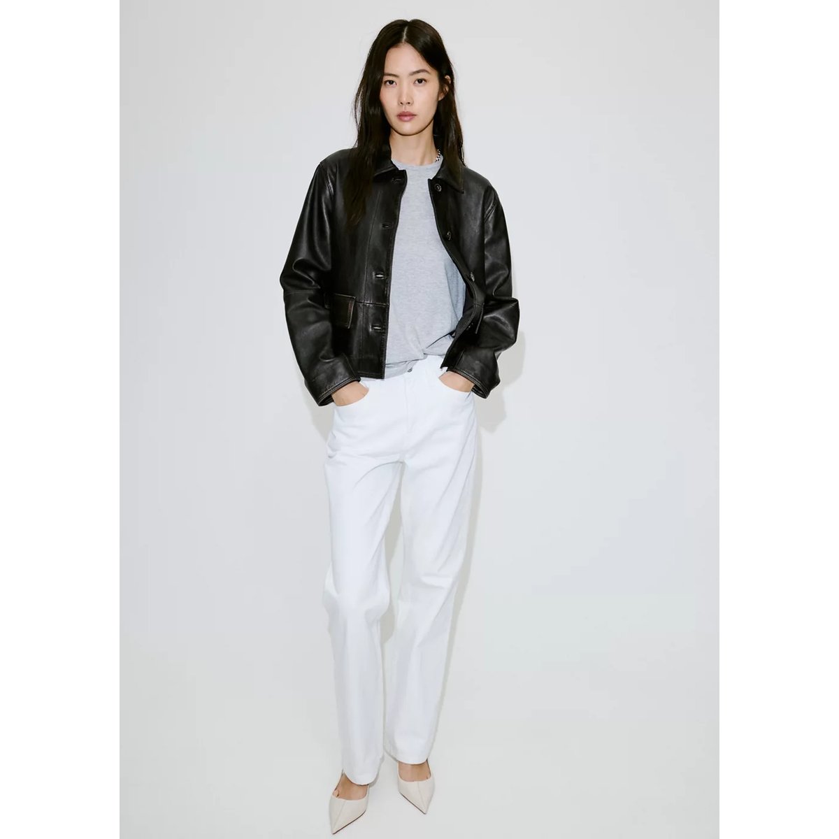 Veste cuir effet usé marron, MANGO