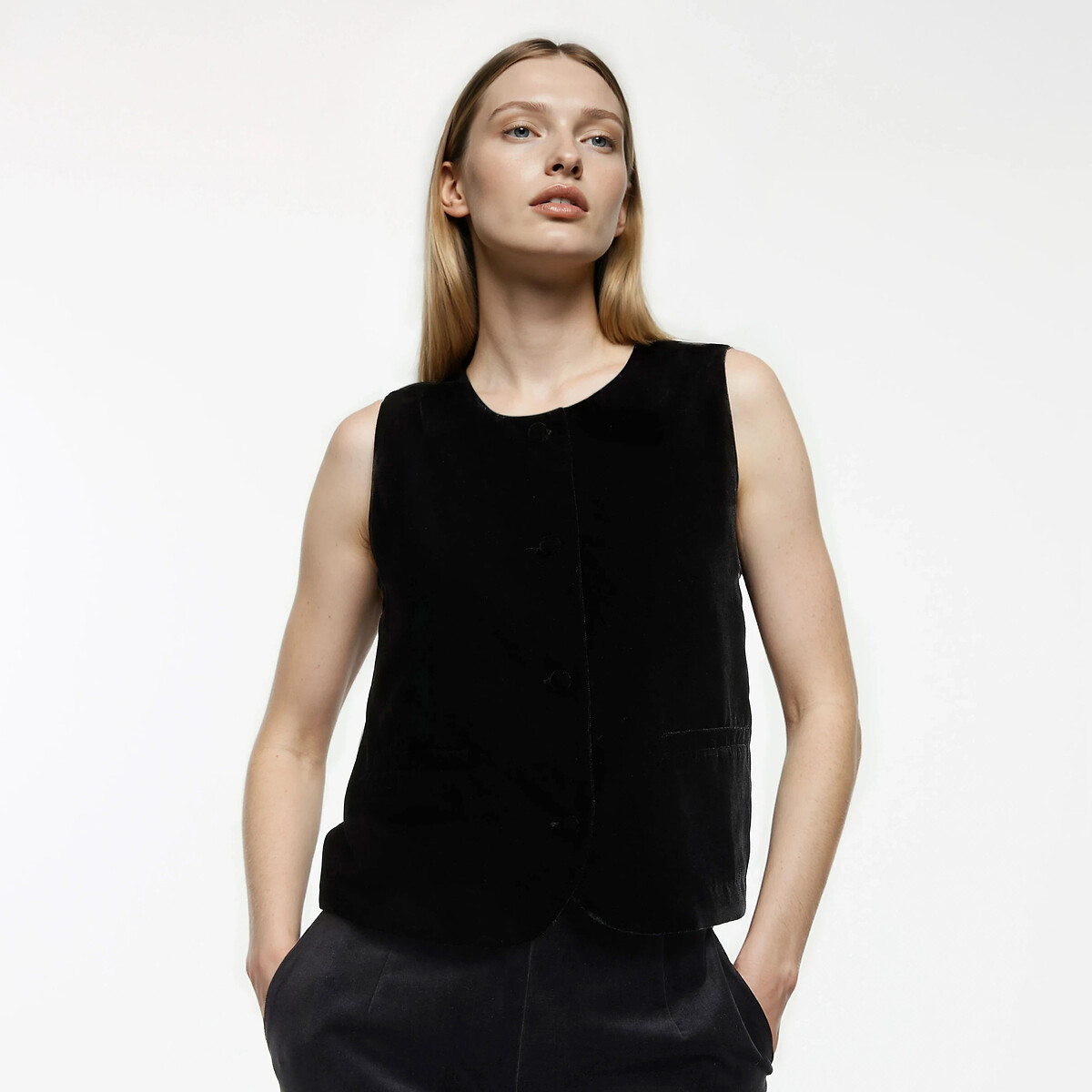 Smooth Velour Sleeveless Top with Crew Neck black, LA REDOUTE COLLECTIONS