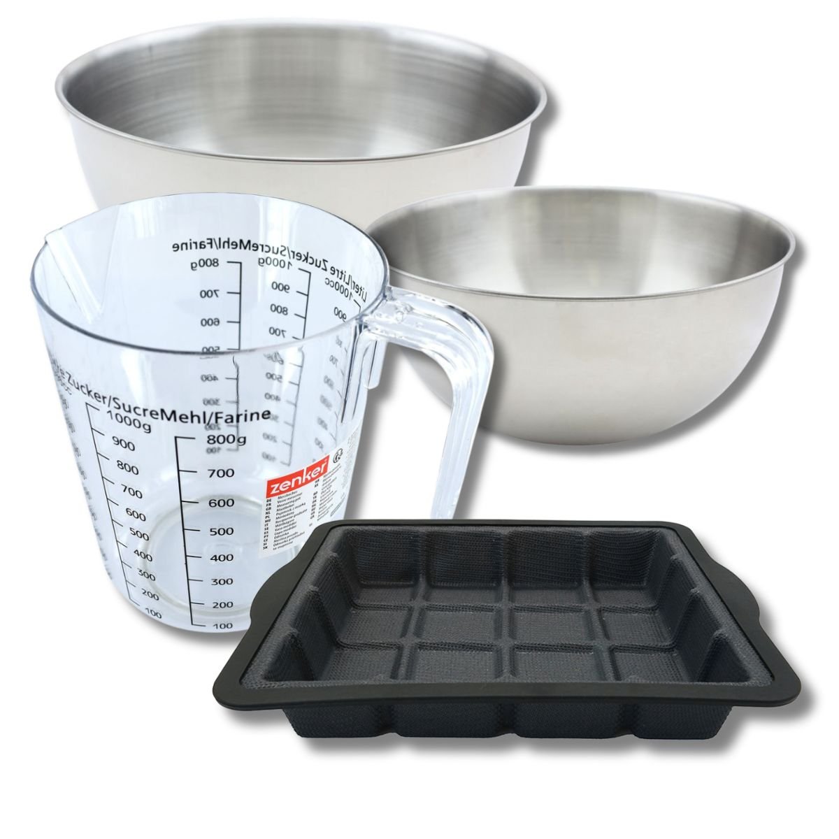 Set pâtisserie moule forme tablette de chocolat, 2 bols, verre mesureur et spatule noir, ZENKER