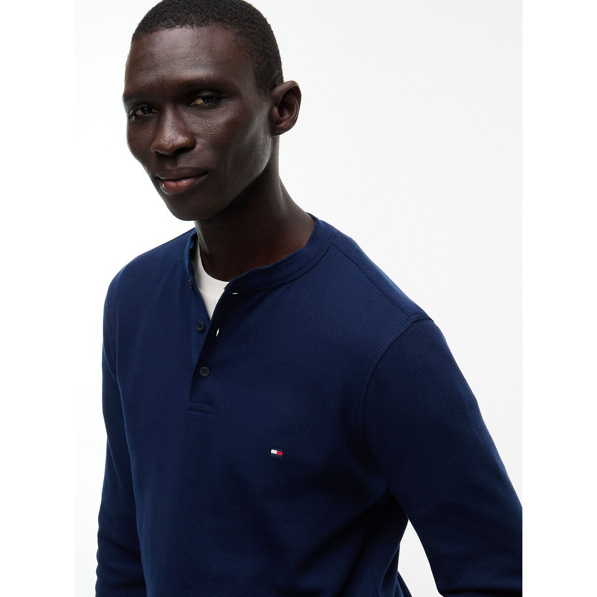 T-shirt à manches longues, maille gaufrée, col boutonné marine, TOMMY HILFIGER