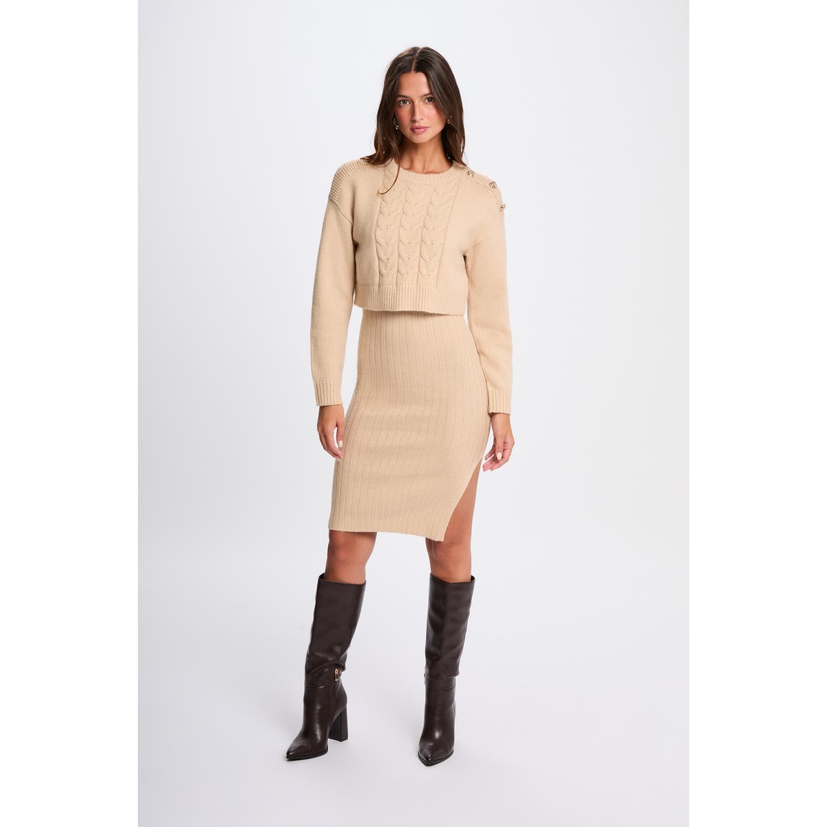 Robe tricot ajustée 2-en-1 beige, MORGAN