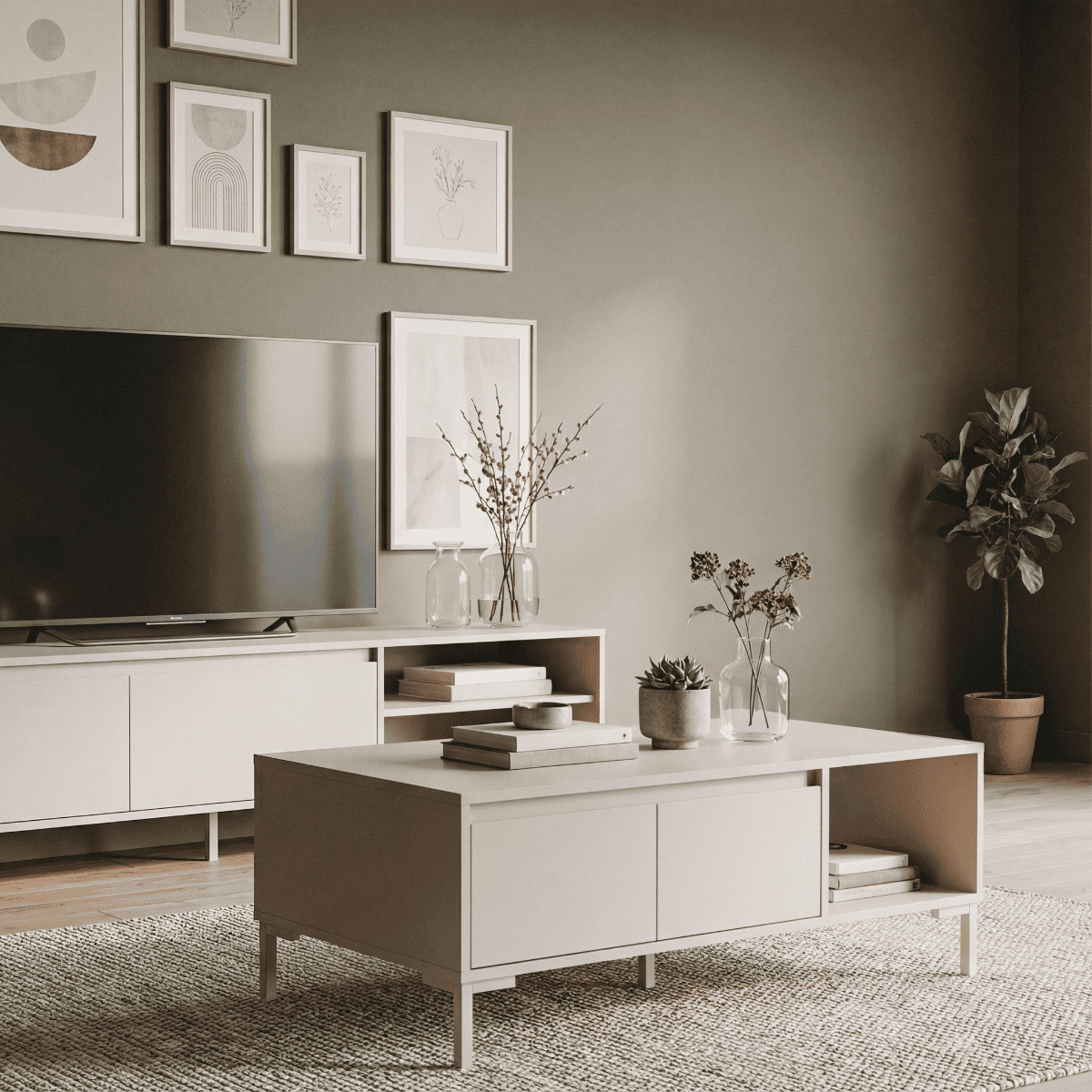 Table basse 2 portes, 1 niche NERIO beige, CALICOSY