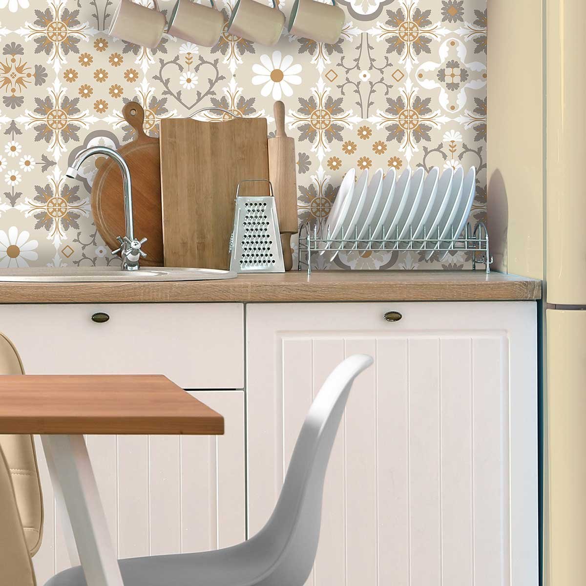 Papier peint carreaux vintage motifs floraux beige et ocre beige, HEXOA