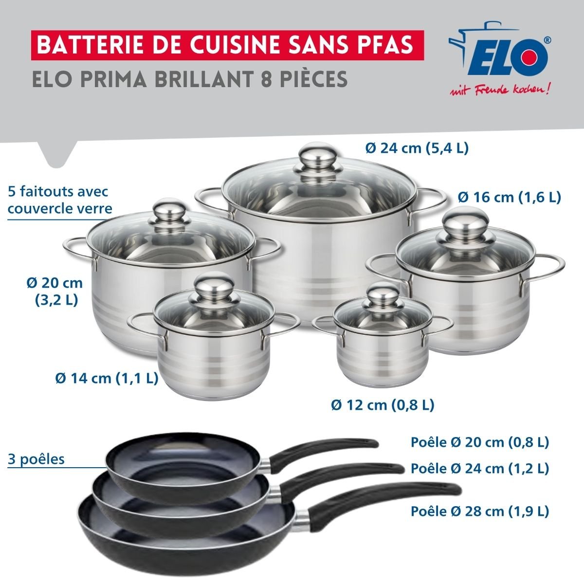 3 poêles 20/24/28cm + 5 faitouts 12/14/16/20/24cm PRIMA BRILLANT noir, ELO