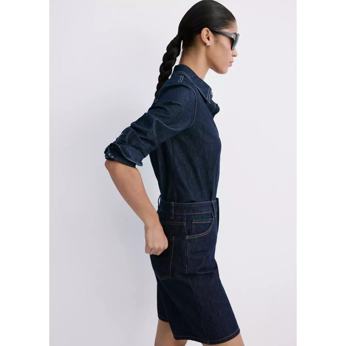 Bermuda en jean droit taille haute bleu, MANGO