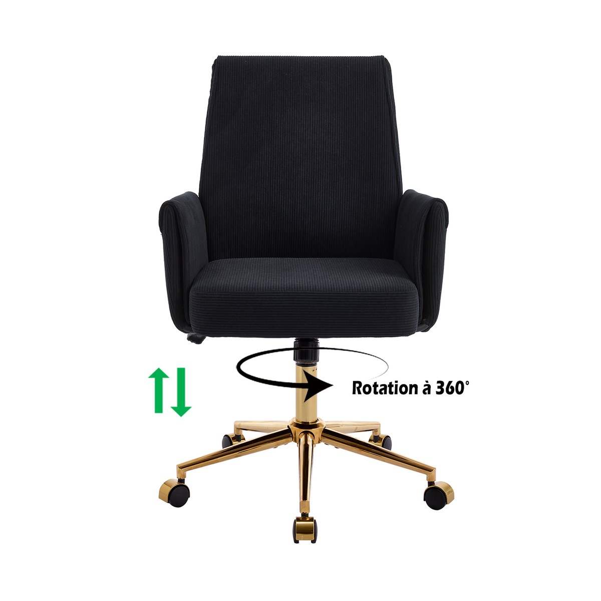 Chaise de bureau pivotante réglable en hauteur en velours côtelé, ELVAN noir, MEUBLES COSY