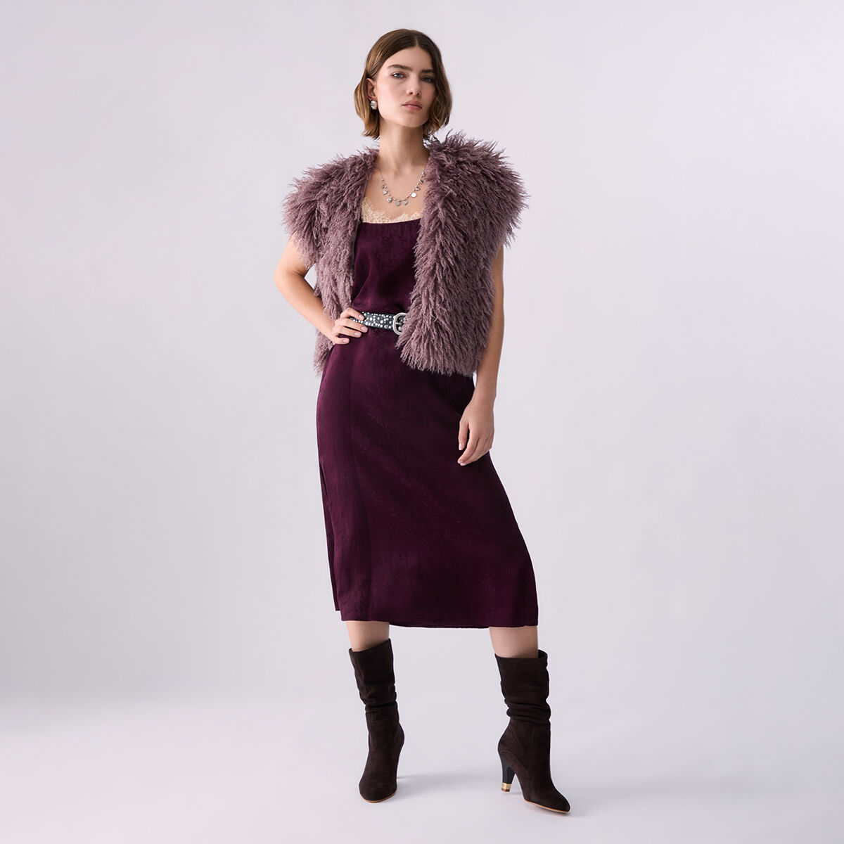 Robe Lingerie en Satin Jacquard aubergine, LIU JO