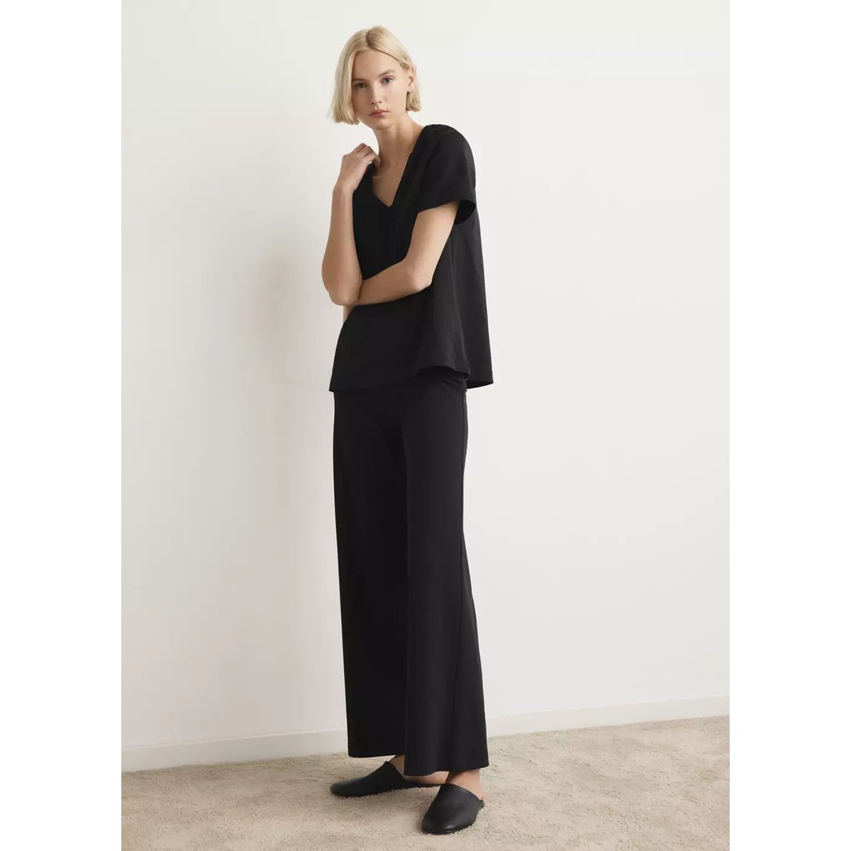 T-shirt de pyjama en coton manches courtes noir, MANGO
