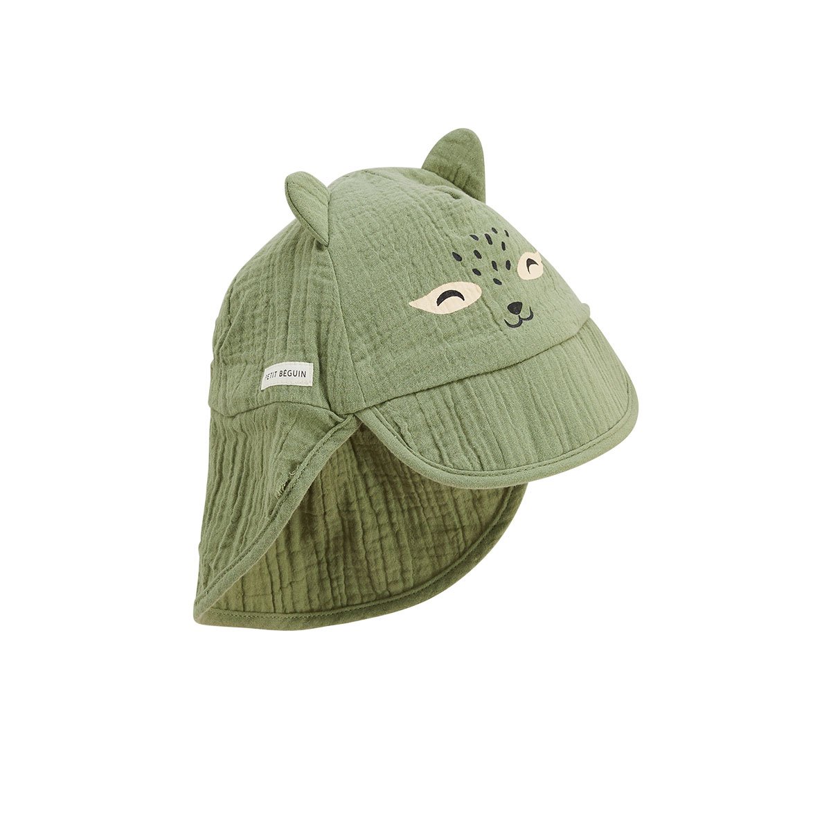 Casquette cache cou bébé en gaze de coton Gabin vert, PETIT BEGUIN