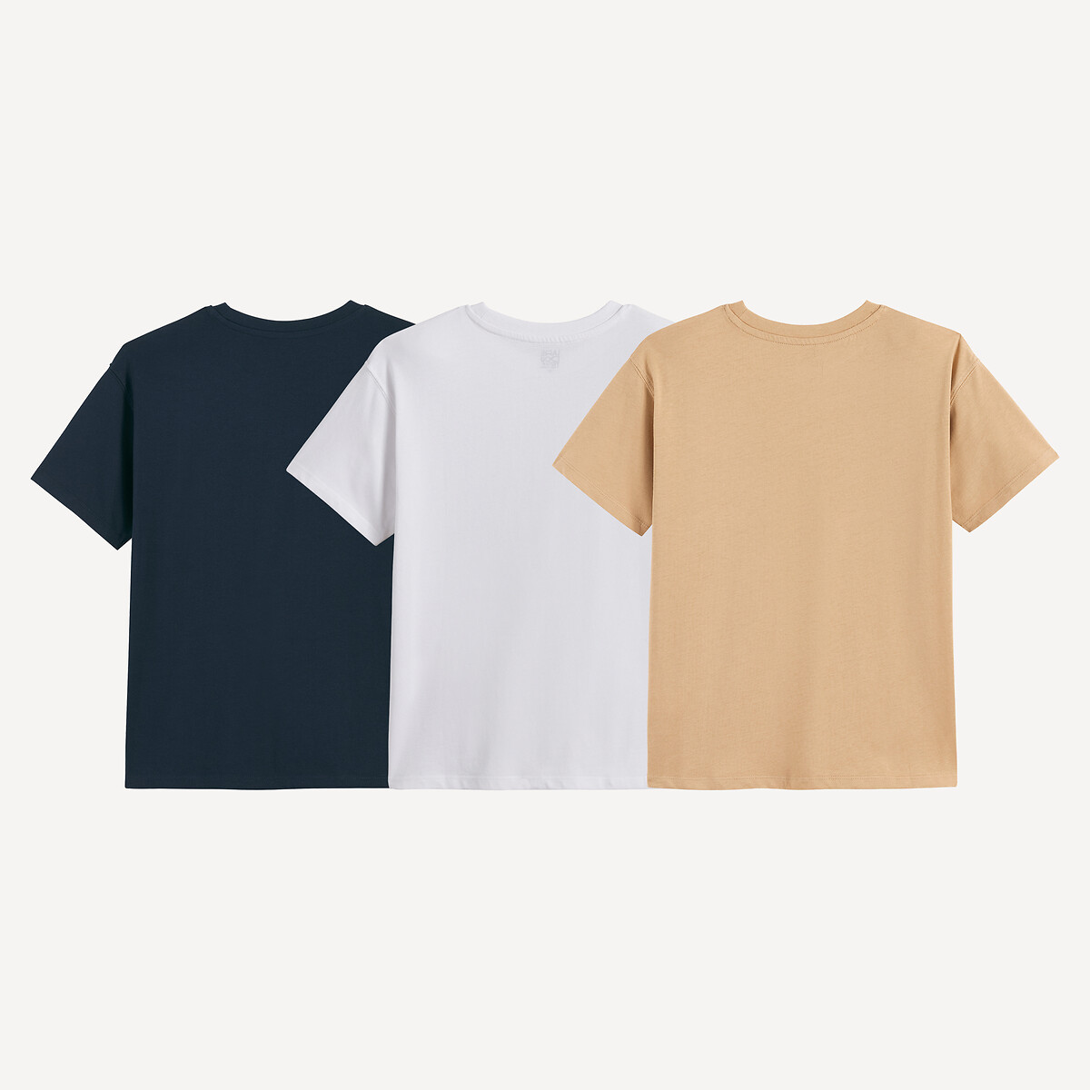 Lot de 3 T-shirts manches courtes, à col rond bleu marine + beige, LA REDOUTE COLLECTIONS