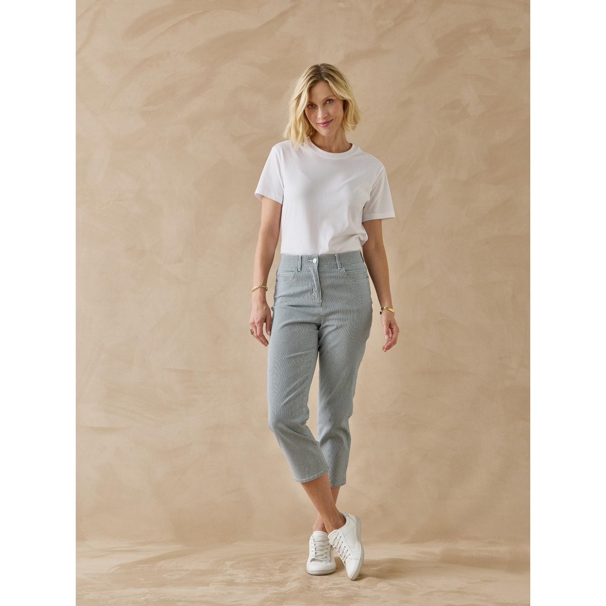 Pantacourt en gabardine avec élastique blanc rayé bleu, DAXON