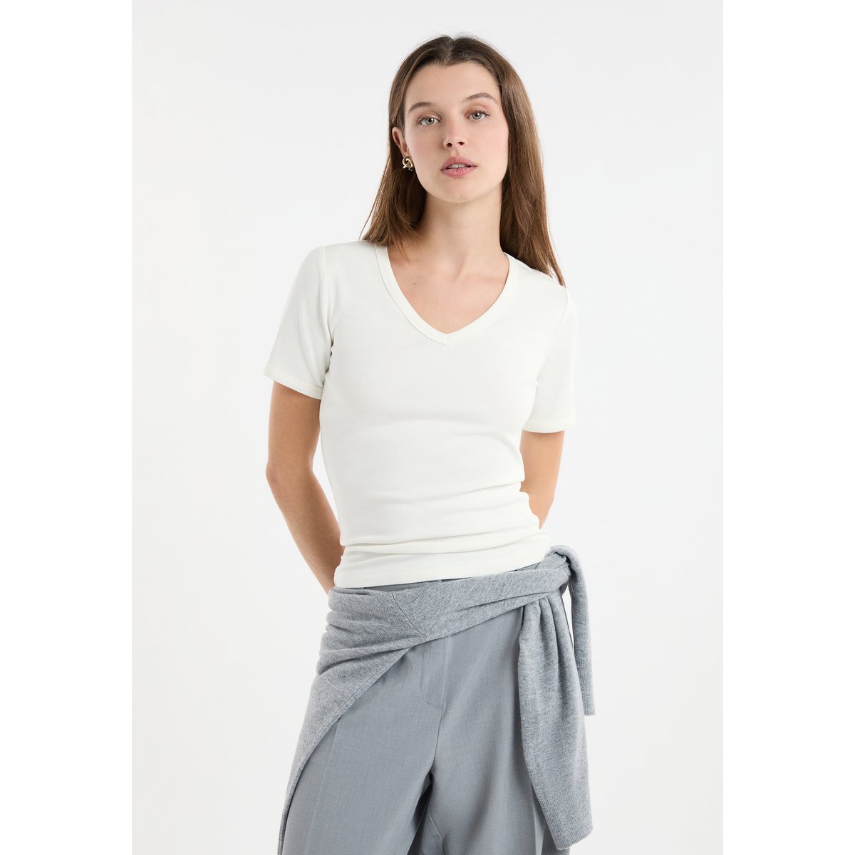 T-shirt à col V avec coton modal TANDEM blanc, ETAM