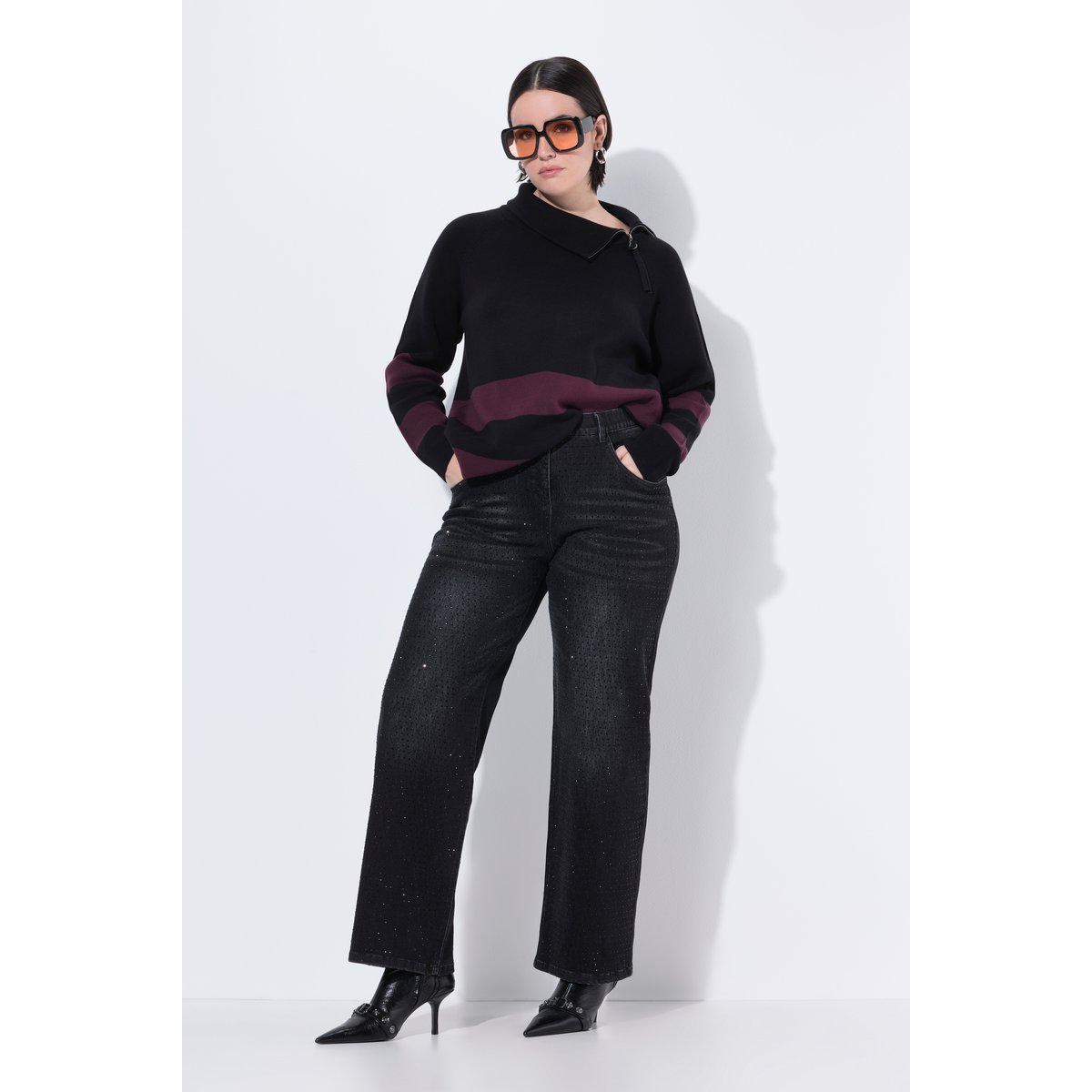 Jean Mary, jambe large et droite, strass noir, ULLA POPKEN