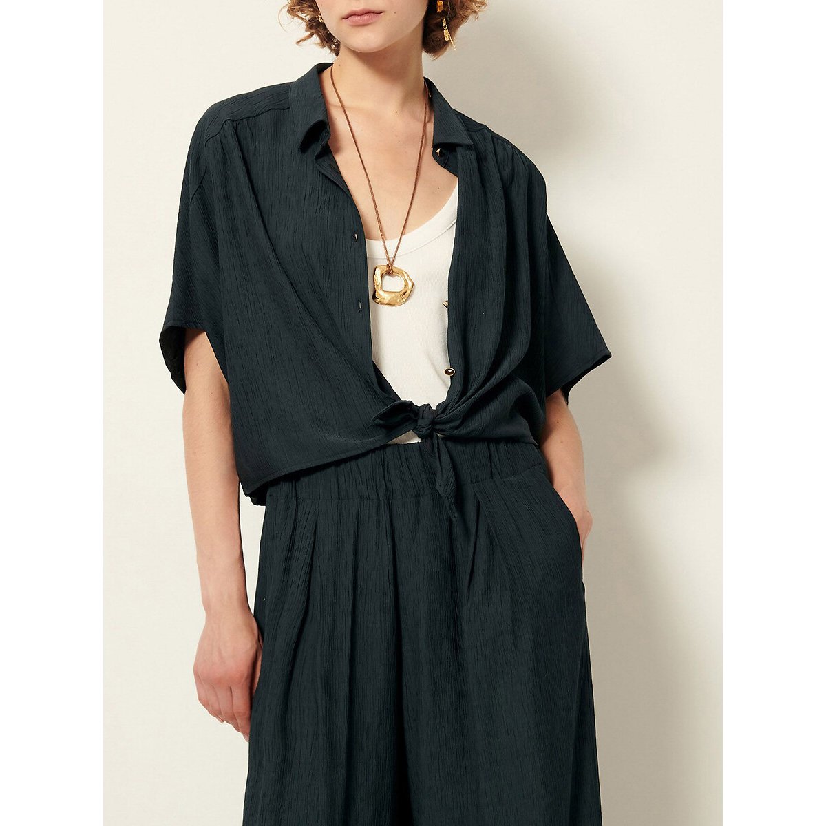 Chemise courte nouée en crépon, à manches courtes, ALFASSA 90009913, SESSUN