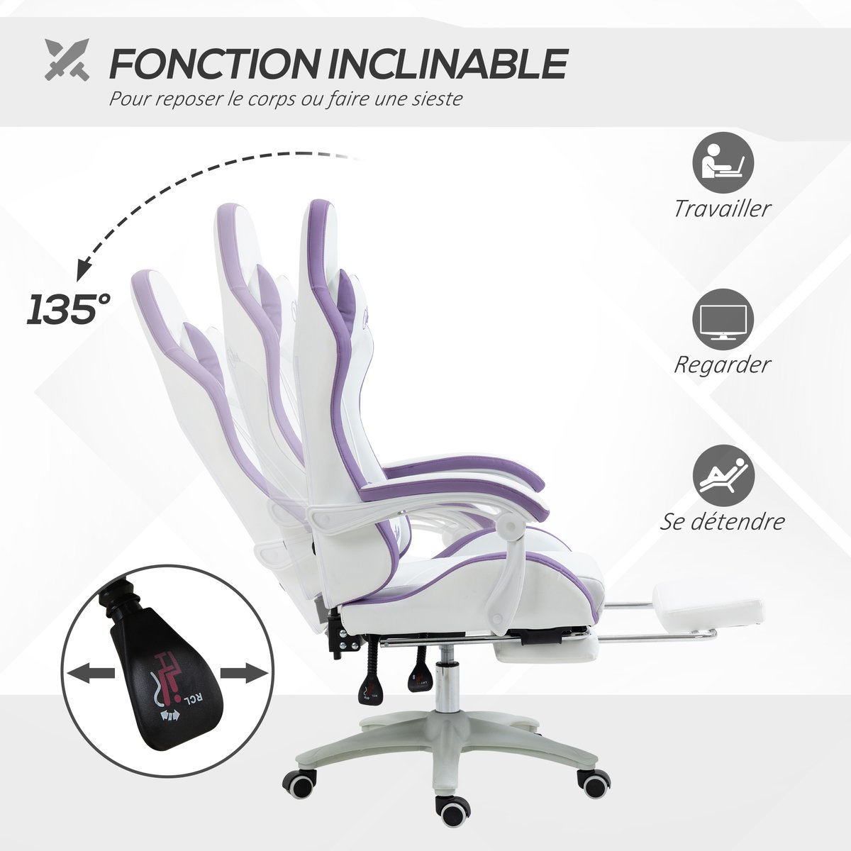 Fauteuil gaming Polyuréthane Blanc blanc, violet, HOMCOM