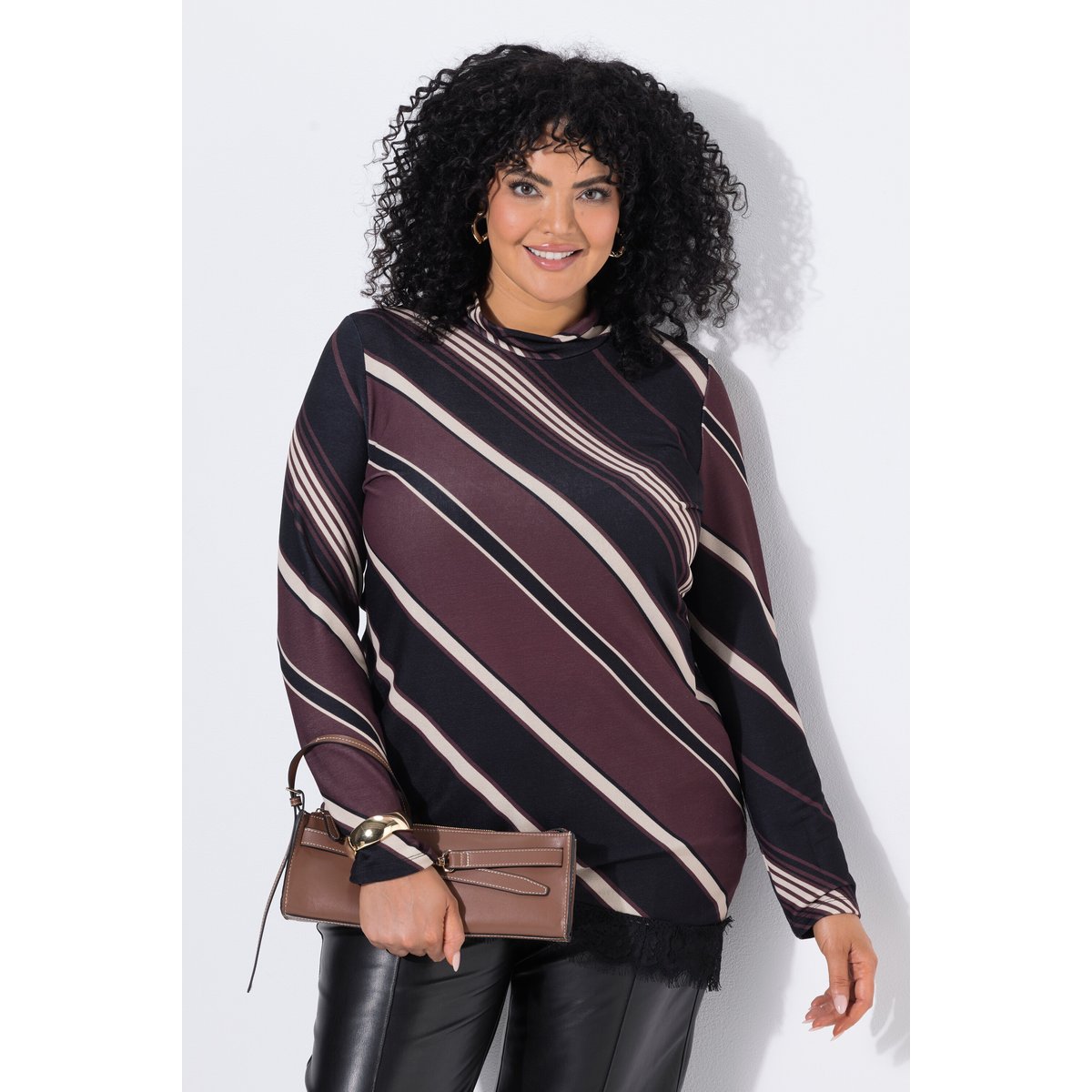 T-shirt rayé avec dentelle marron, ULLA POPKEN