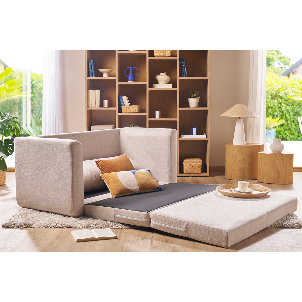 Canapé convertible 2 places en tissu effet velours texturé beige LEON beige, MILIBOO
