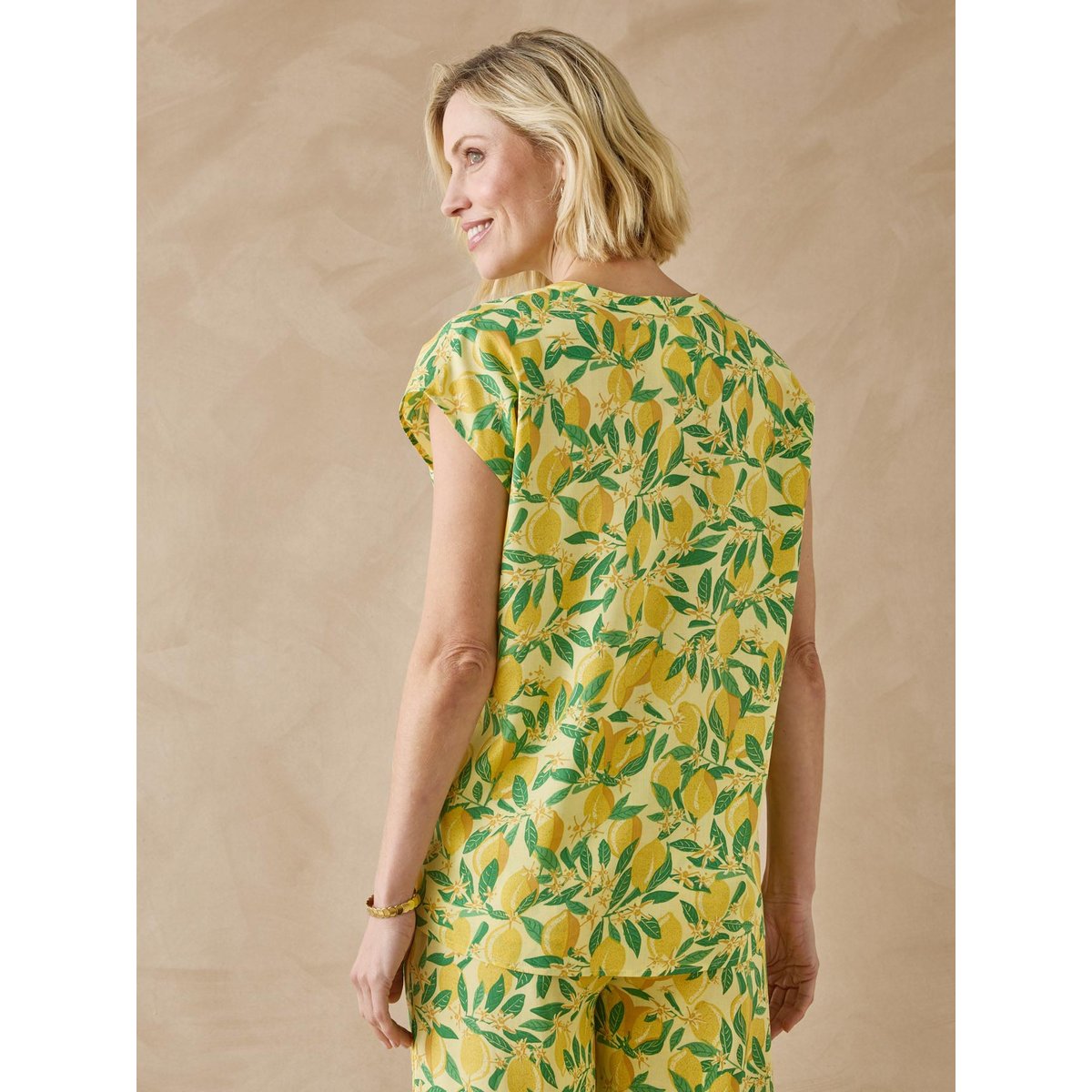 Blouse manches T tissu fluide imp. jaune citron, DAXON