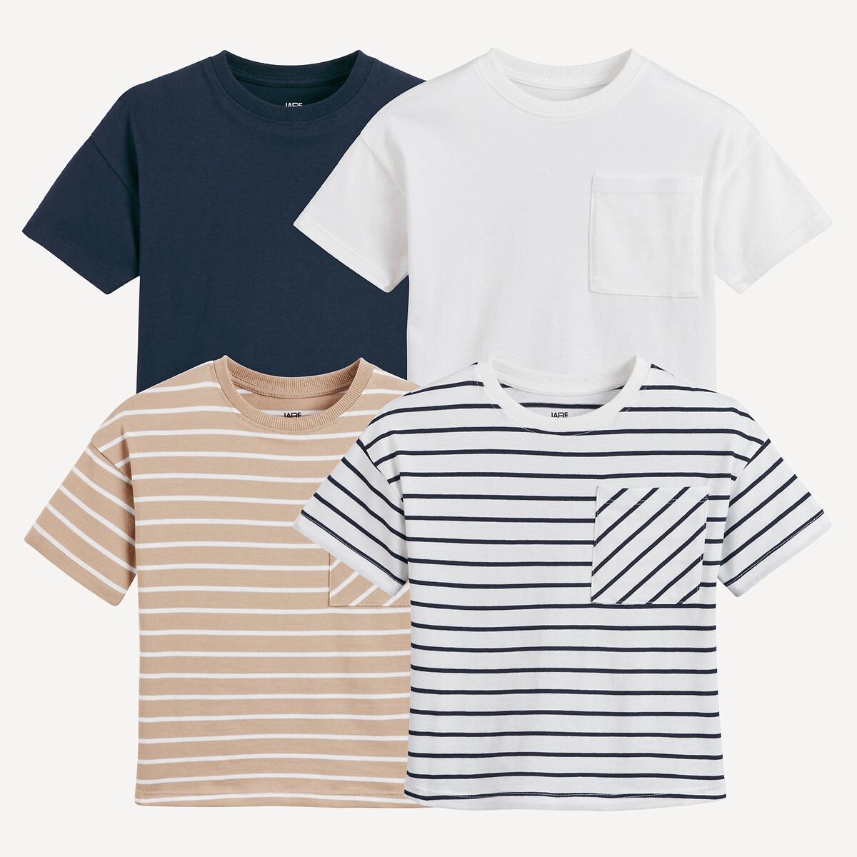 Lot de 4 T-shirts col rond beige + ecru + marine, LA REDOUTE COLLECTIONS