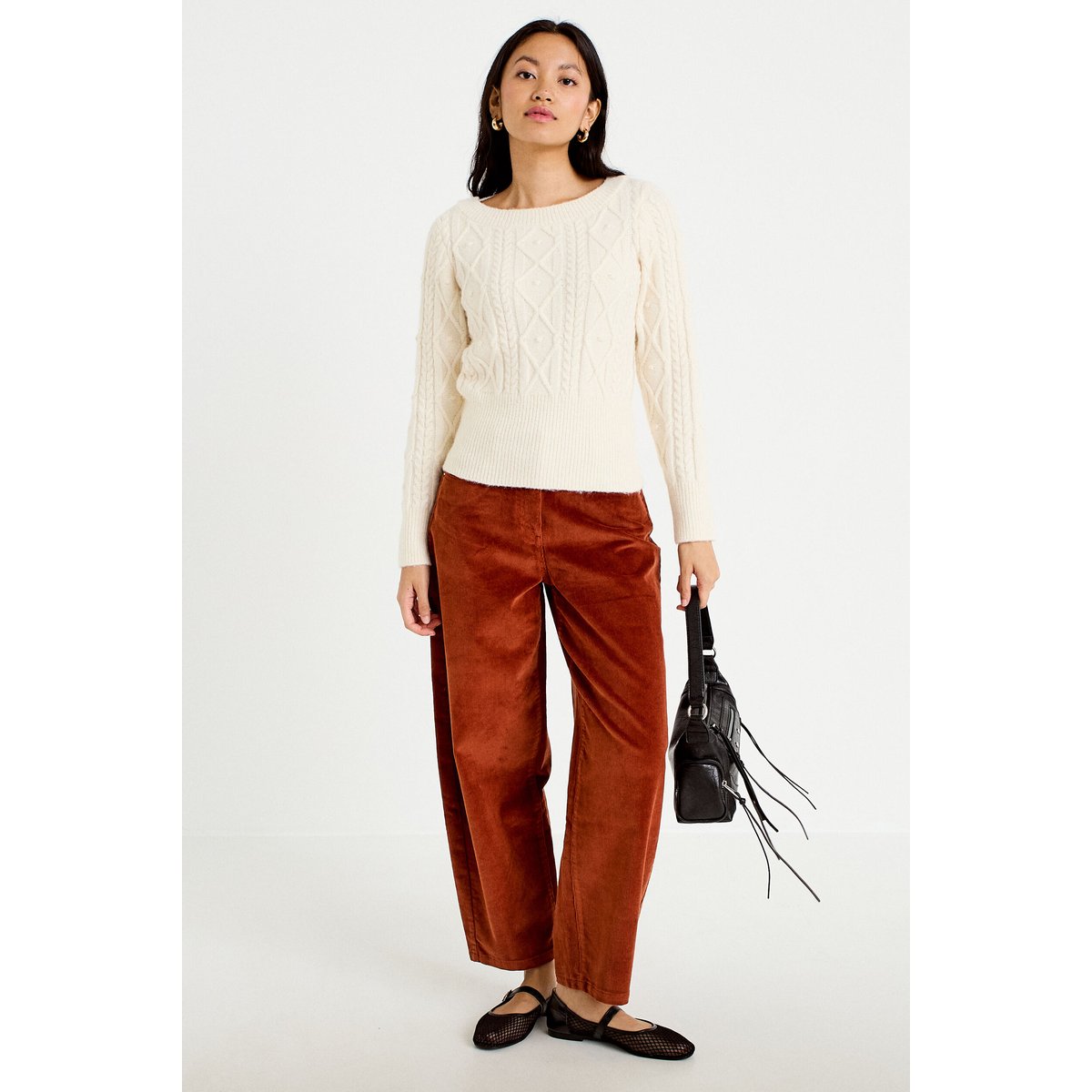 Pantalon barrel en velours marron cognac, CACHE CACHE
