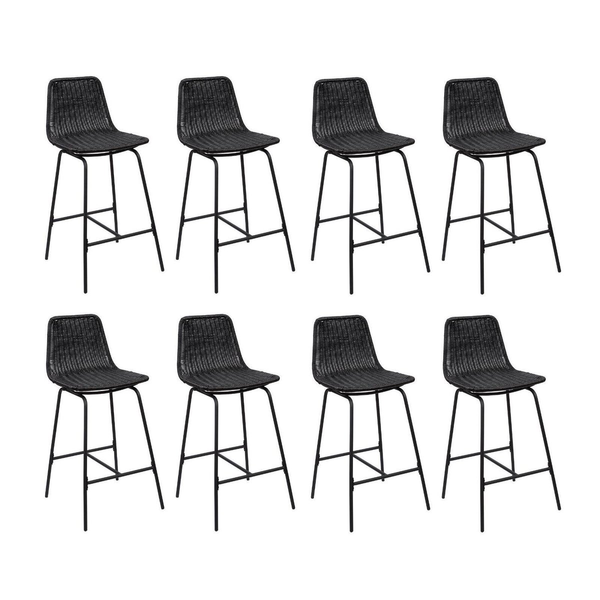 Lot de tabourets de bar et d'ilot en métal avec assise en rotin 65cm KUTA|Lot de 8 | Lot de 8 noir, MOB IN