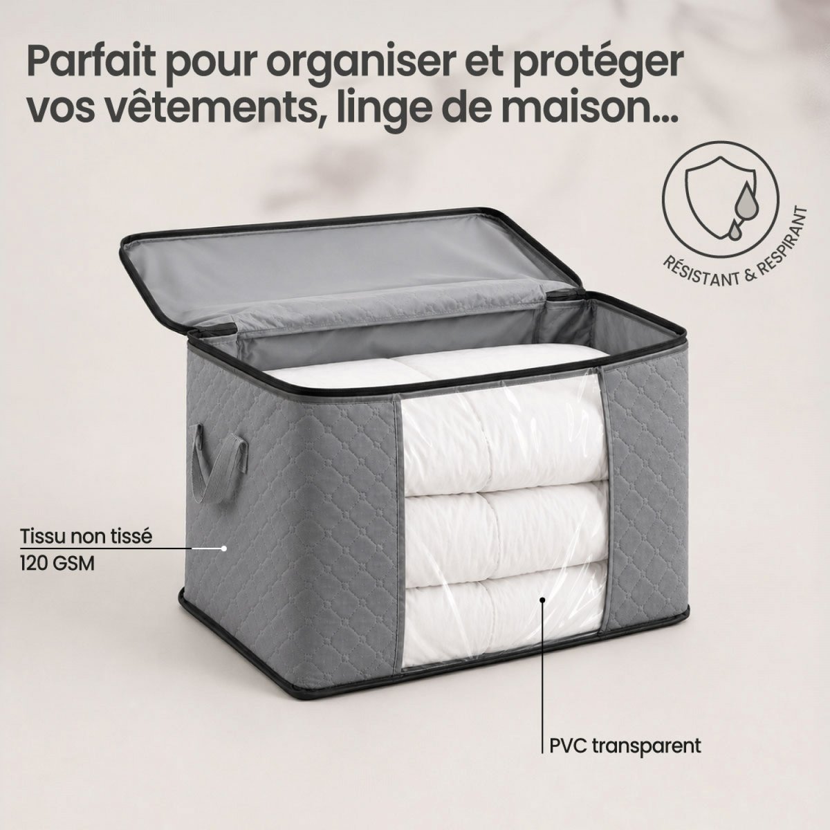 Lot de 4 sacs de rangement pliable pour vêtements, linge de maison avec poignées gris, VIVEZEN