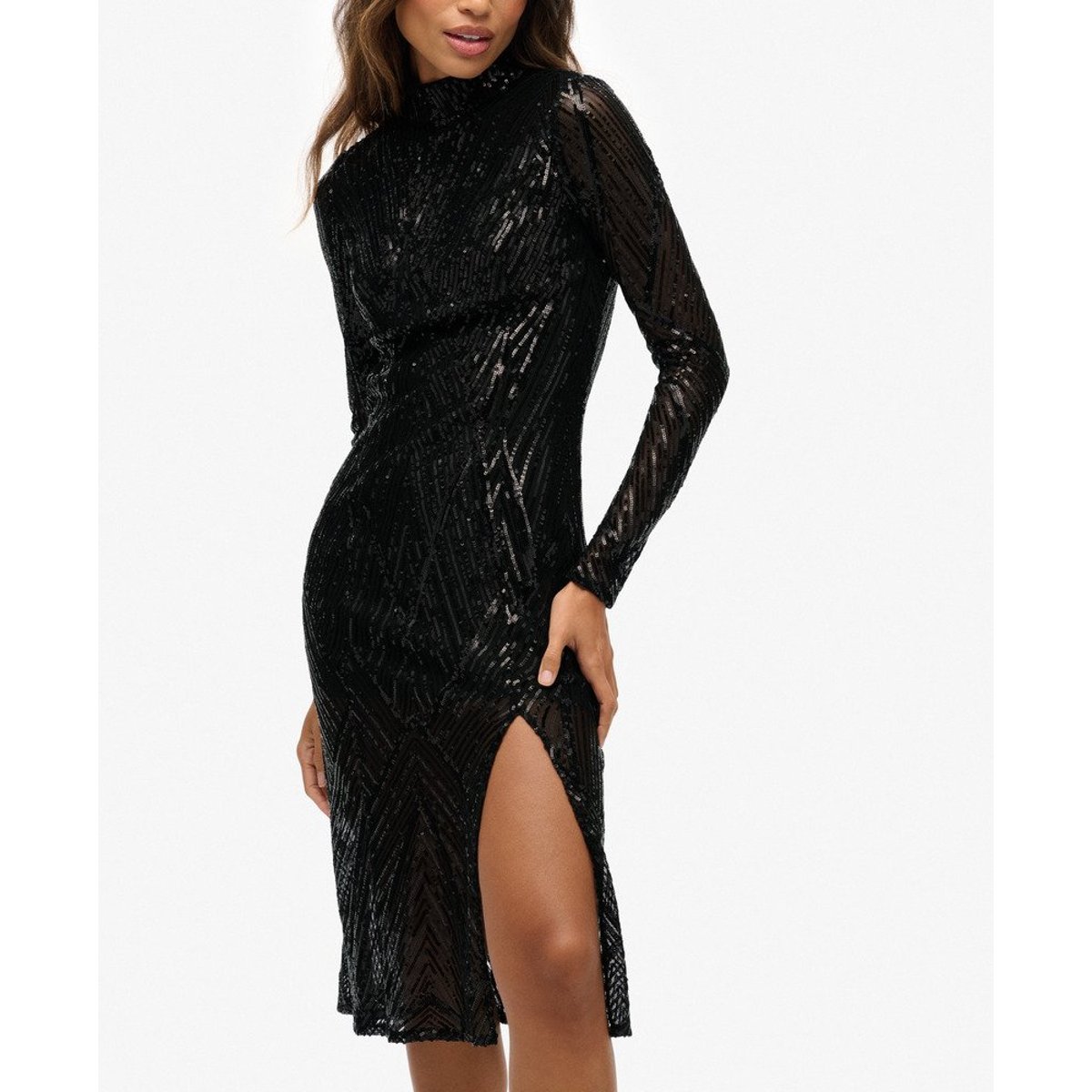 Robe Midi à Manches Longues et Dos Ouvert sequins noirs style art déco, SUPERDRY