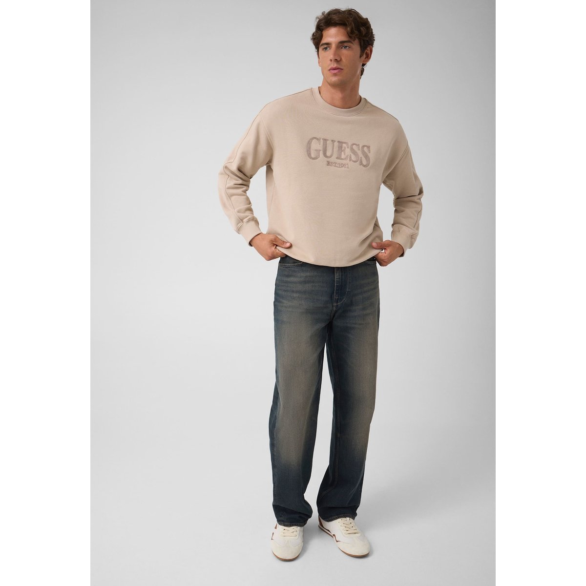 Sweat-Shirt À Col Rond Avec Logo beige, GUESS