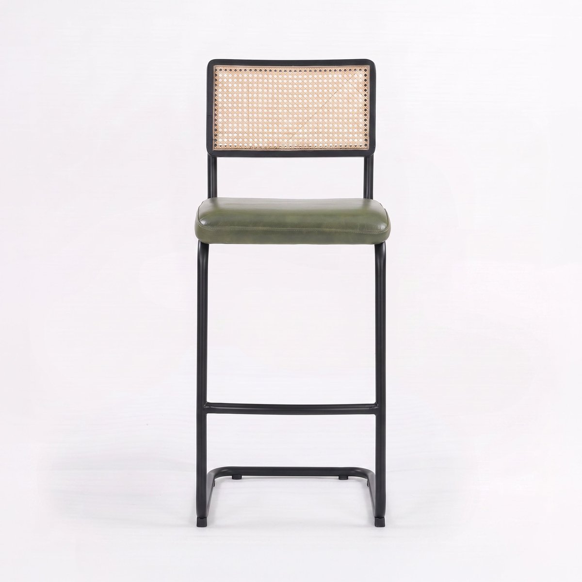 Lot de 2 chaises de bar 76 cm en cannage et cuir - LÉANDRE vert, MAISON PAVANE