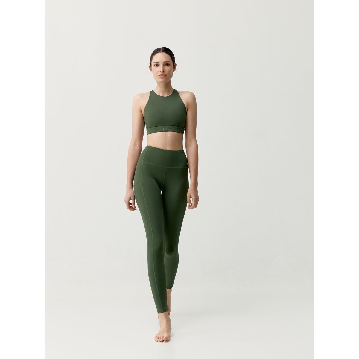 Legging de sport femme Asura Longueur longue taille haute double ceinture vert olive profond, BORN