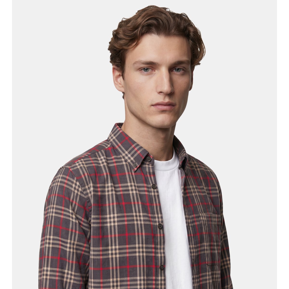 Chemise droite tisharo 1 coton gris et rouge, GALERIES LAFAYETTE