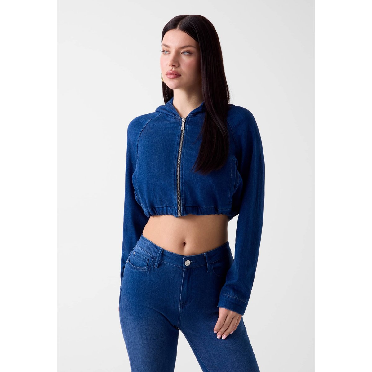 Sweat À Capuche En Denim Cropped bleu, GUESS