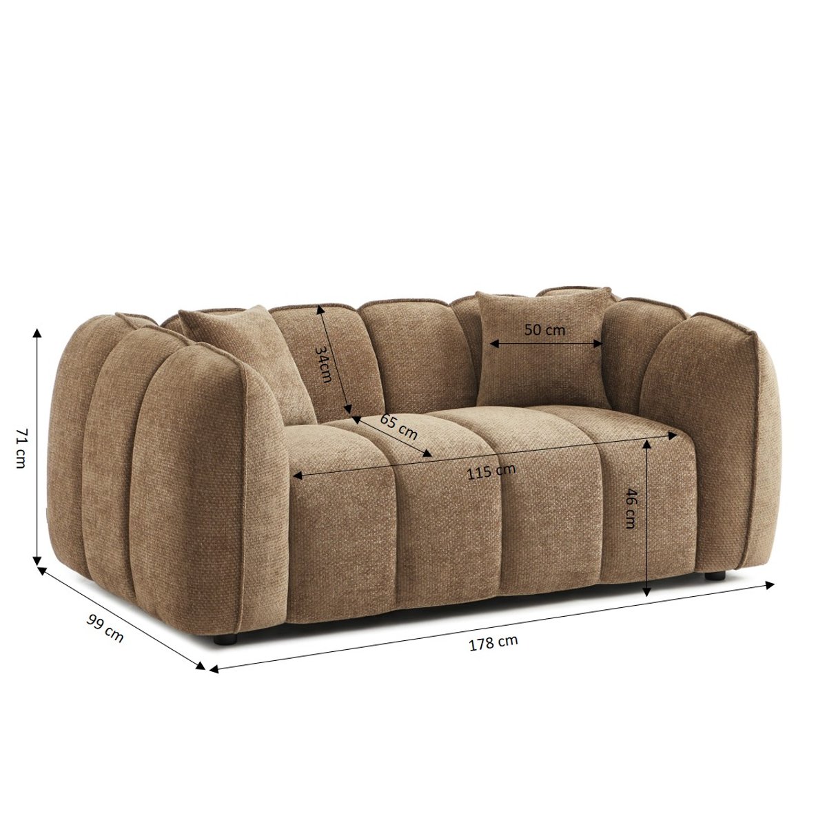 Canapé droit 2 places en tissu MATILDA marron, SORELH