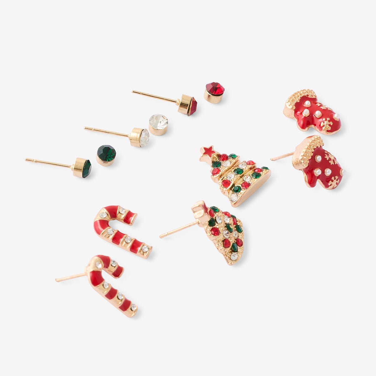 Set de 6 paires de puces d'oreilles de Noël – Sucre d'orge, moufles et sapins de Noël rouge, BALABOOSTE