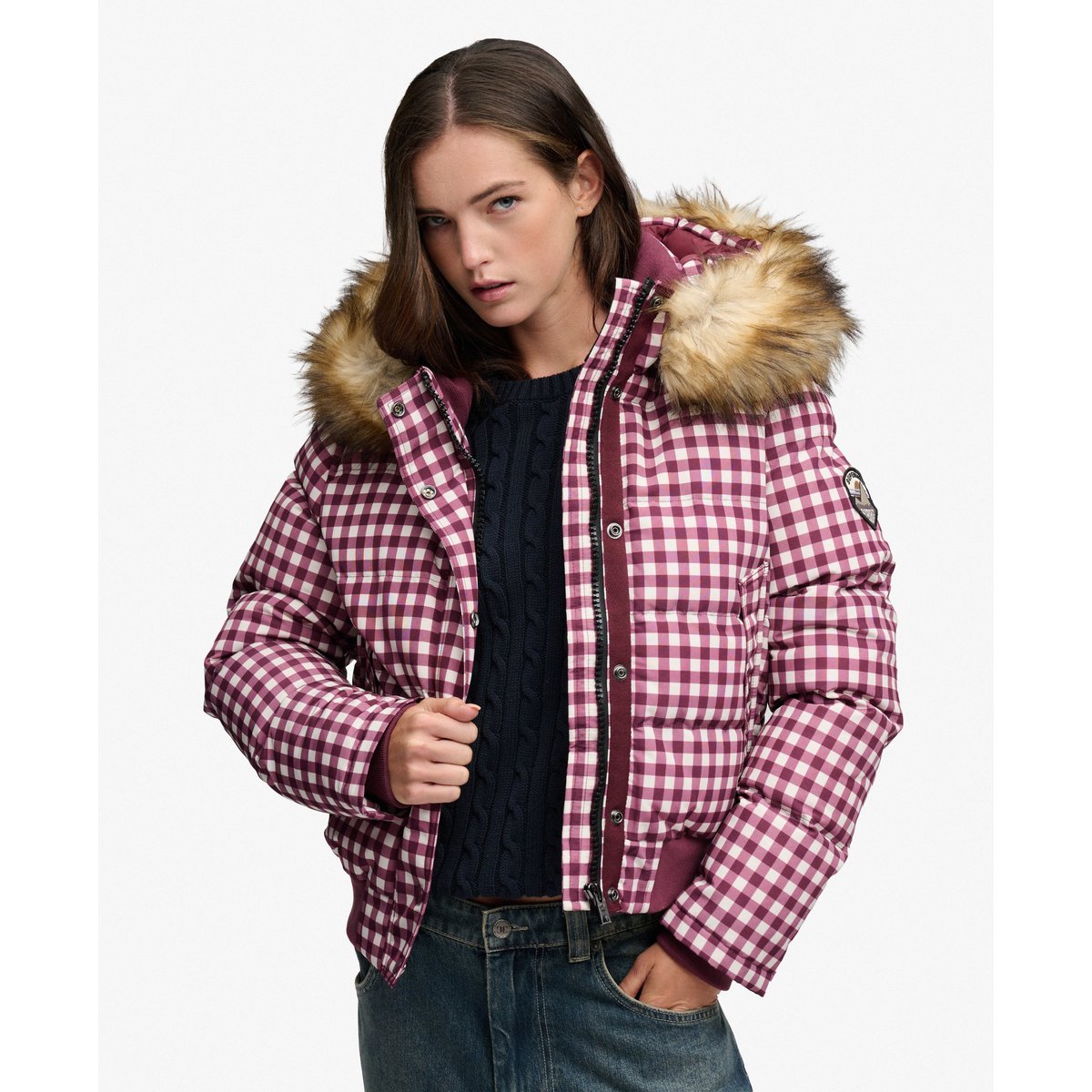 Veste Bomber Everest Check à Capuche Coupe Ajustée vichy mûre/crème, SUPERDRY