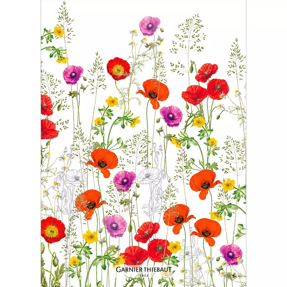 Torchon lin & coton lavé LES COQUELICOTS violet, GARNIER THIEBAUT