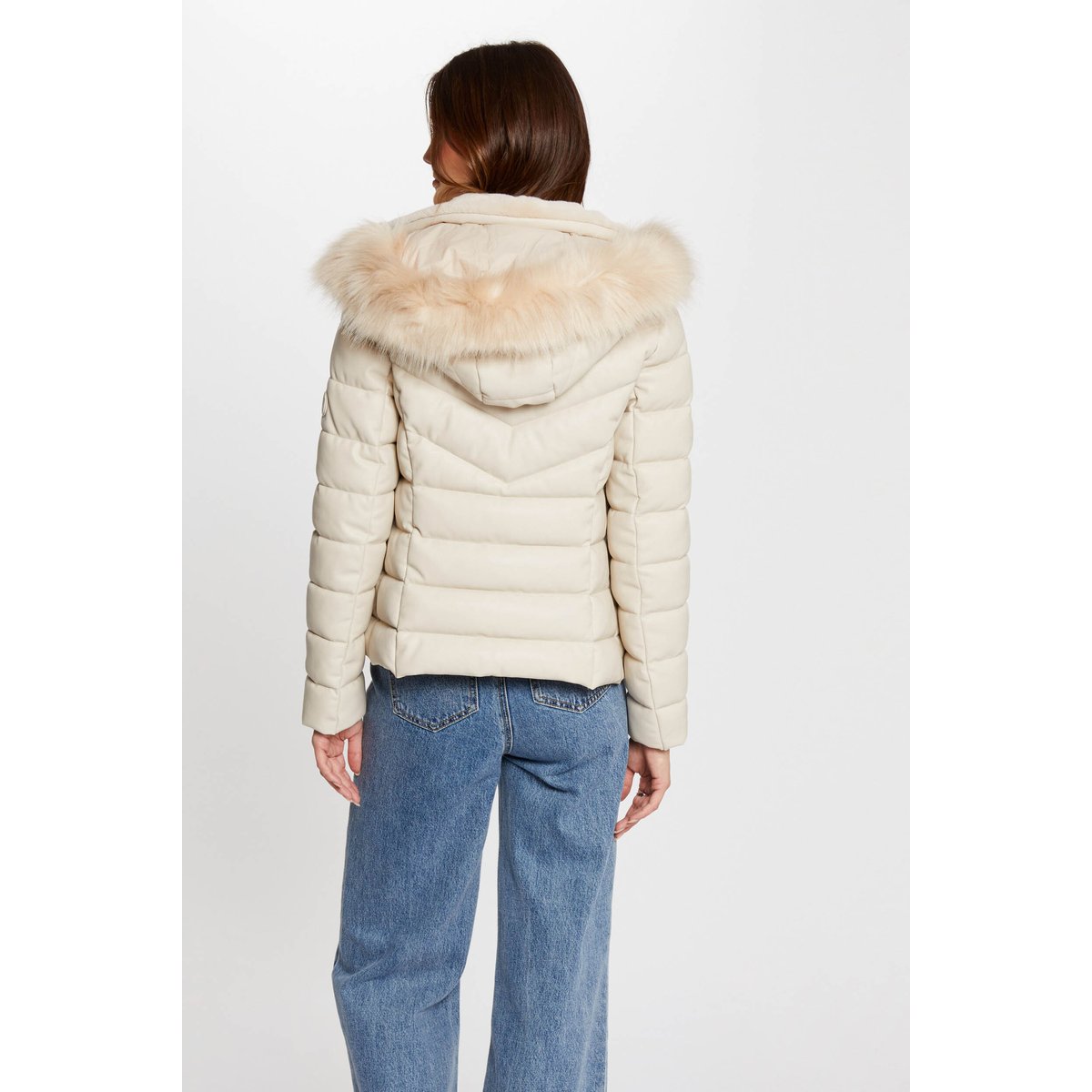 Doudoune simili cuir capuche ivoire, MORGAN