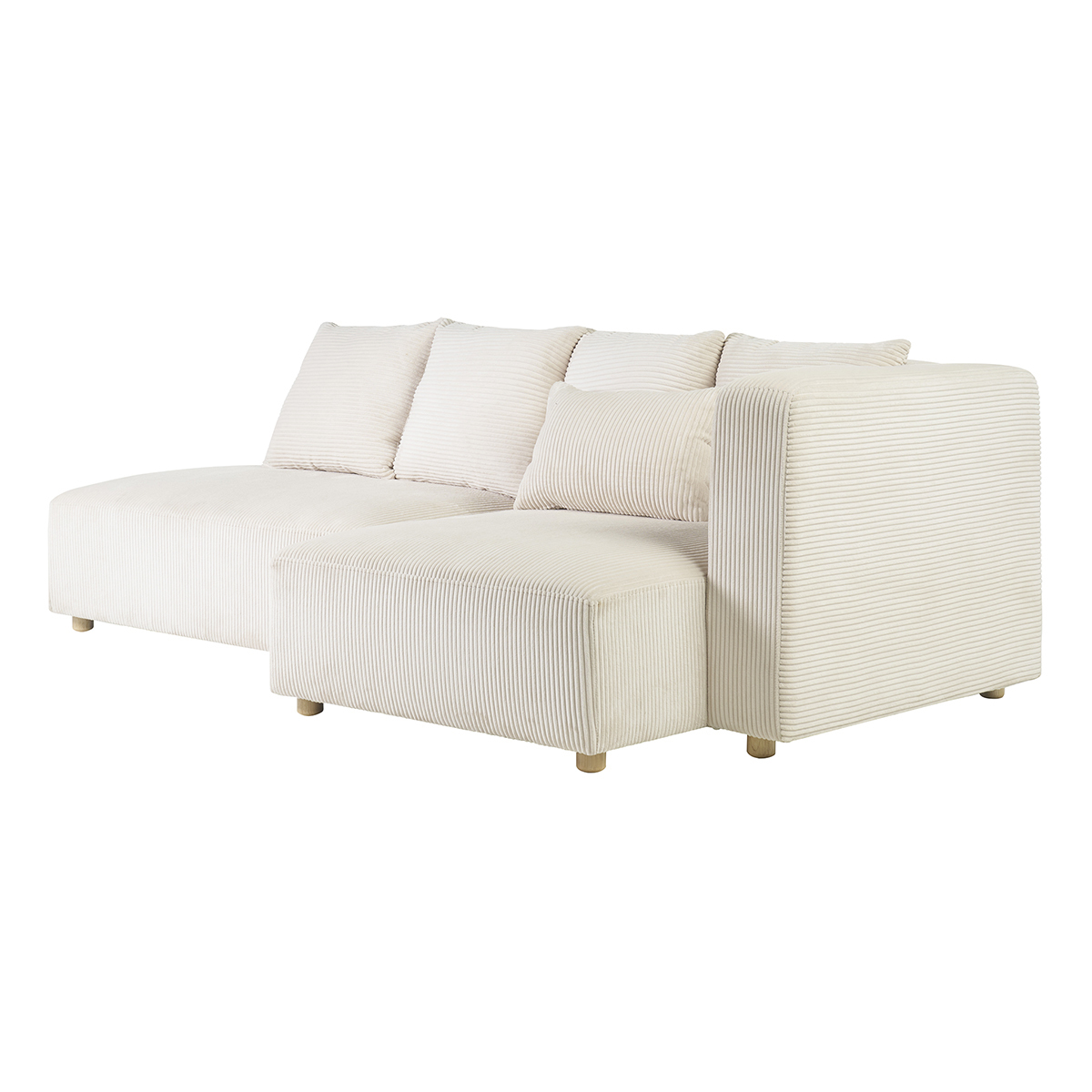 Canapé d'angle droit 3 places en tissu velours côtelé beige et bois clair HARLEM beige, MILIBOO