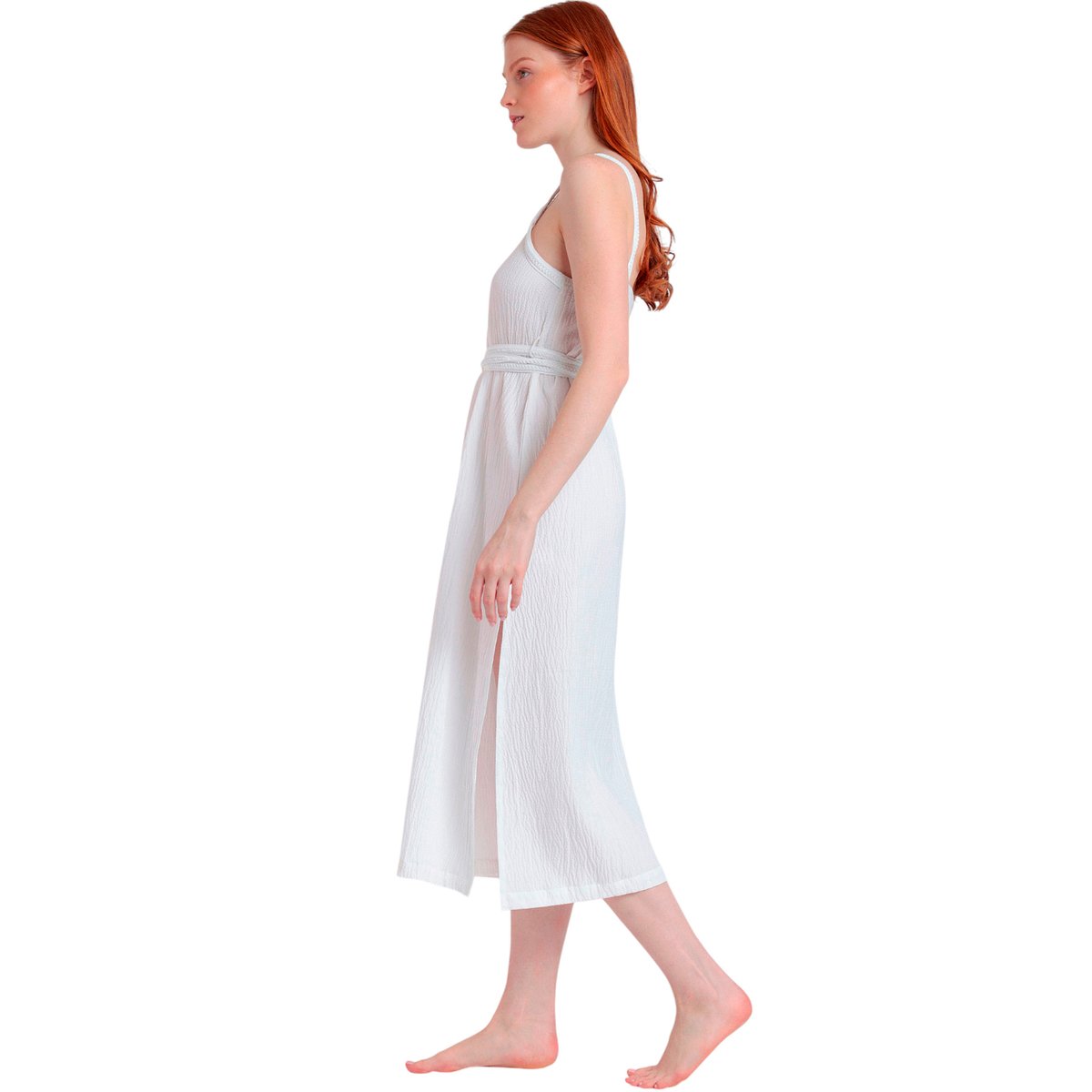 Robe estivale mi-longue fines bretelles Linen Style blanc, ADMAS
