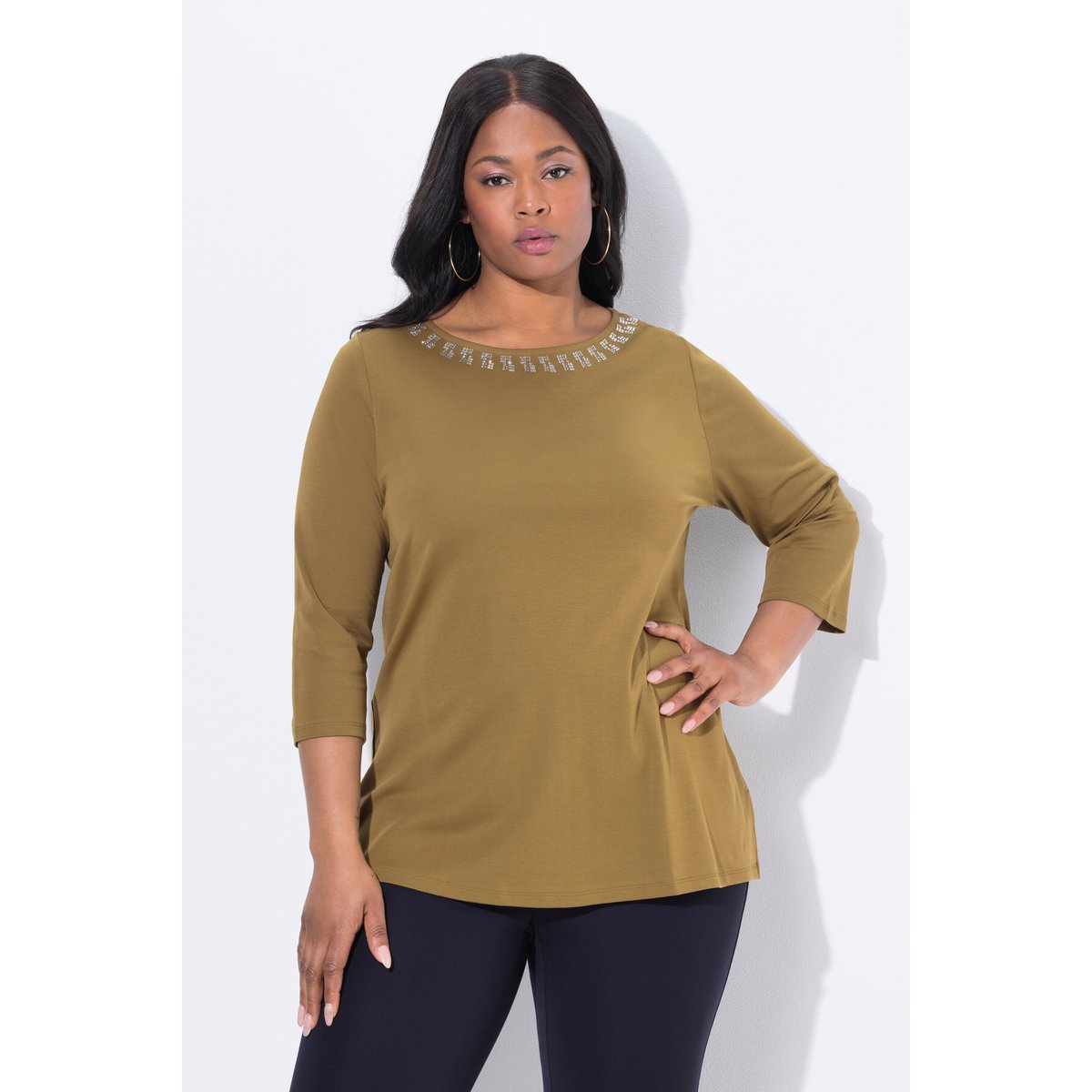 T-shirt en coton Pima vert olive, ULLA POPKEN