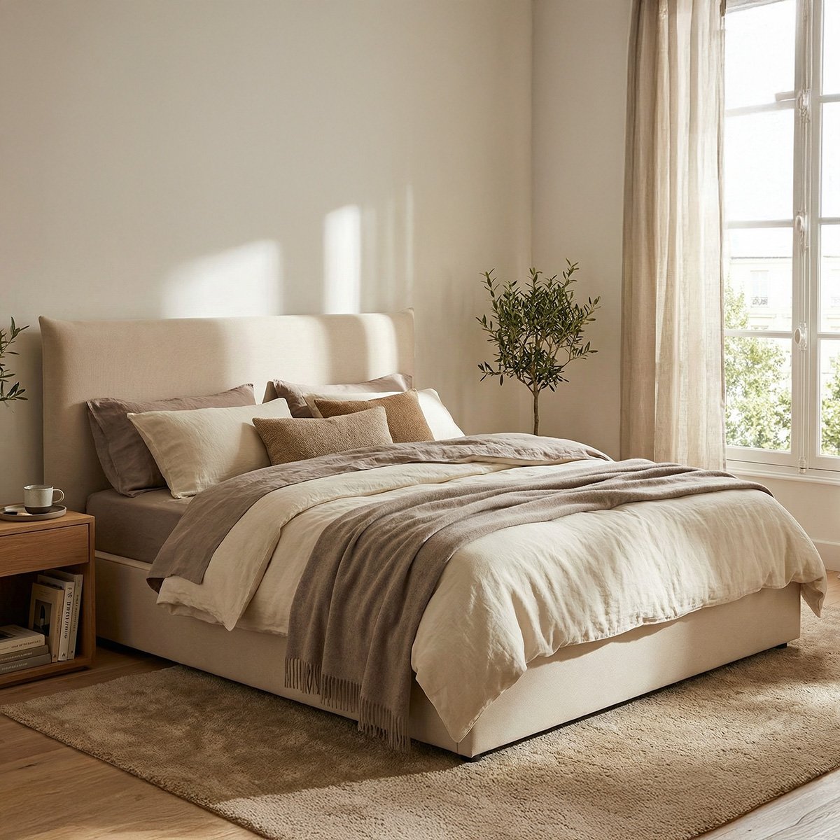 Lit coffre - Effet lin beige - OPÉRA beige, MAISON AUBERTIN