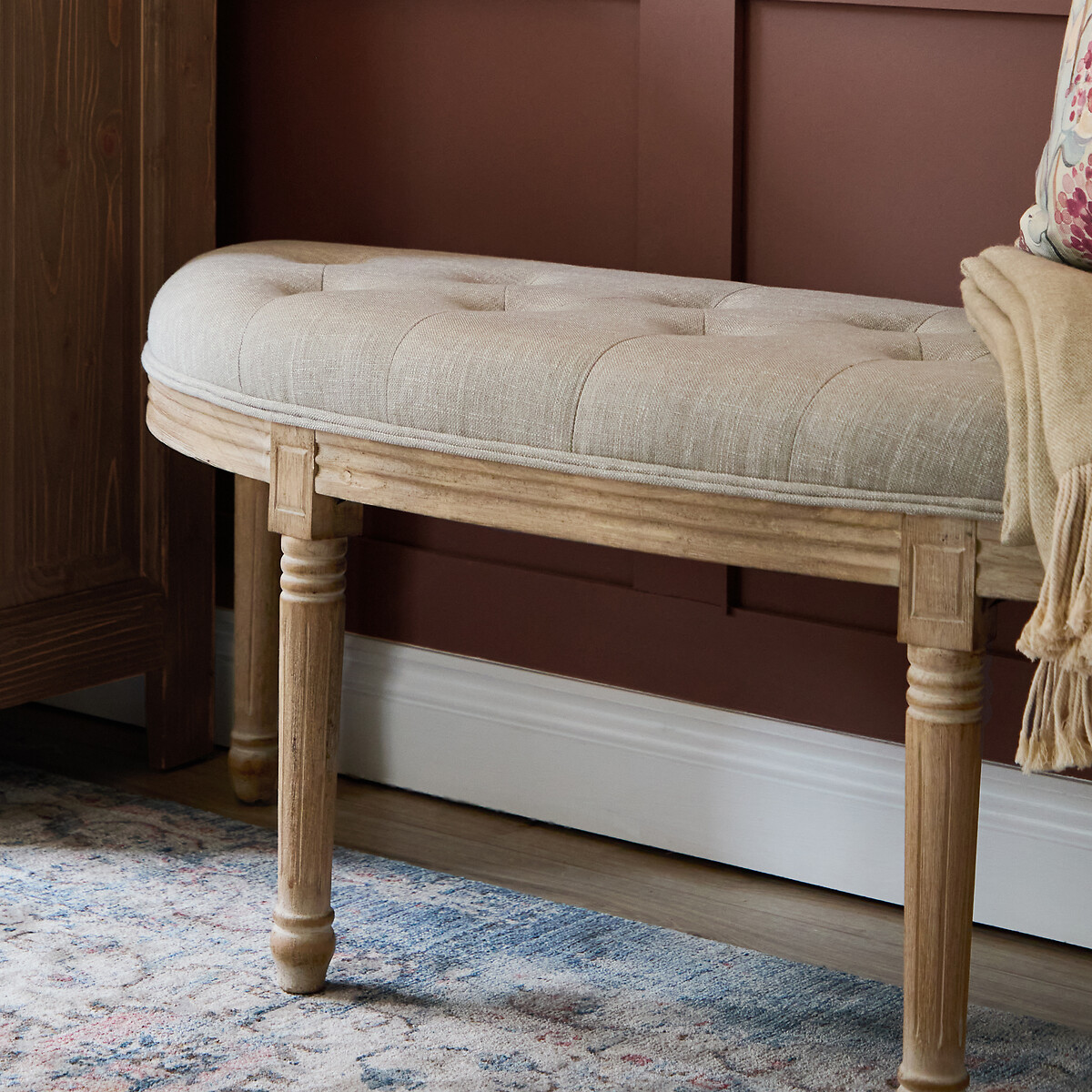 Annette French Vintage Buttoned Linen Curved Bench linen, VOYAGE MAISON
