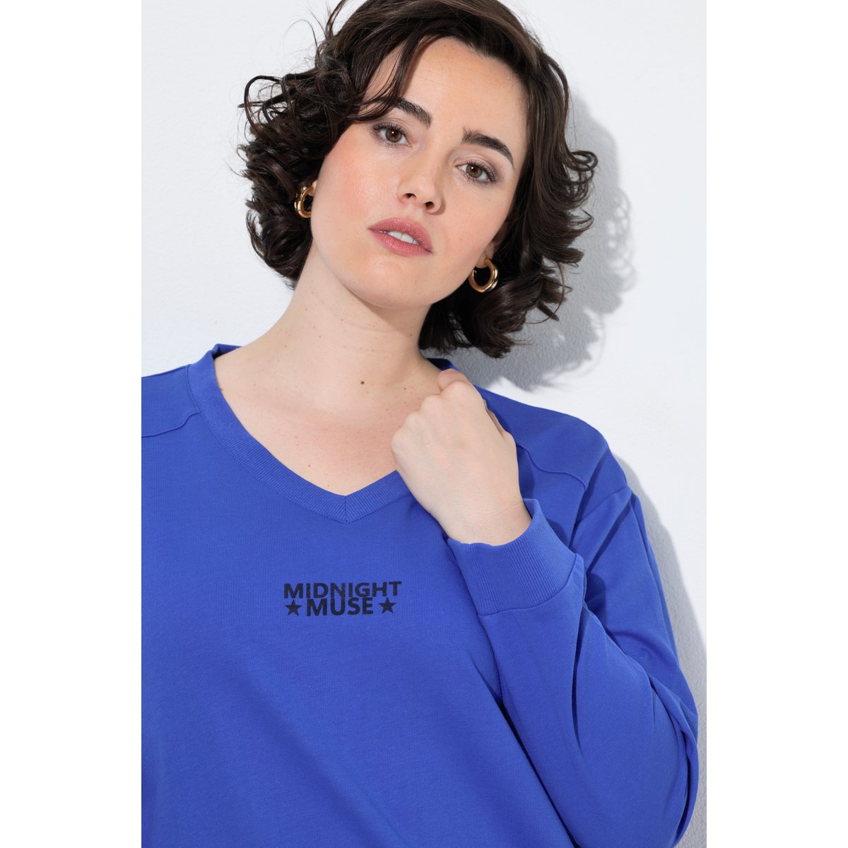 Sweat-shirt manches longues et col en V bleu paon, ULLA POPKEN