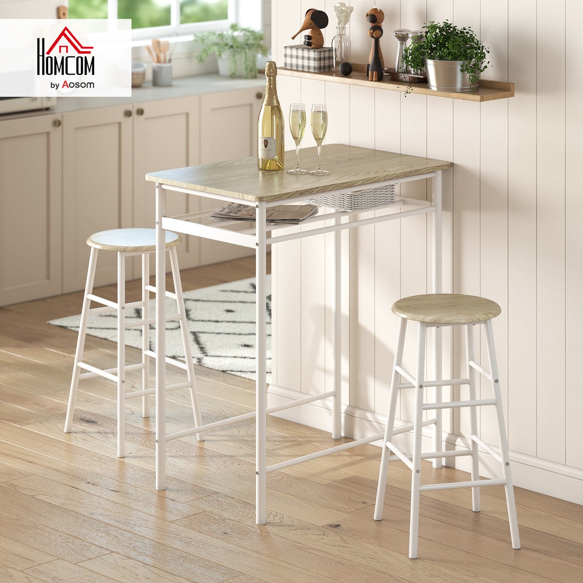 Ensemble de table de bar Métal Blanc blanc, chêne clair, HOMCOM
